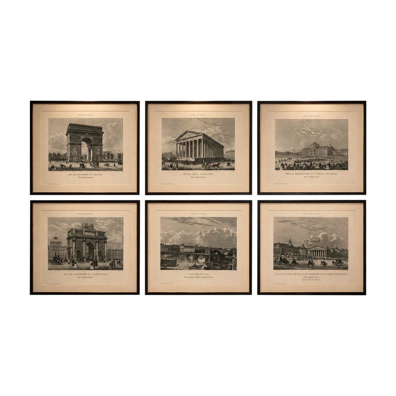 Antique Paris Views Set of 6, Arc de Triomphe, Madeleine, Tuileries, c.1855 For Sale