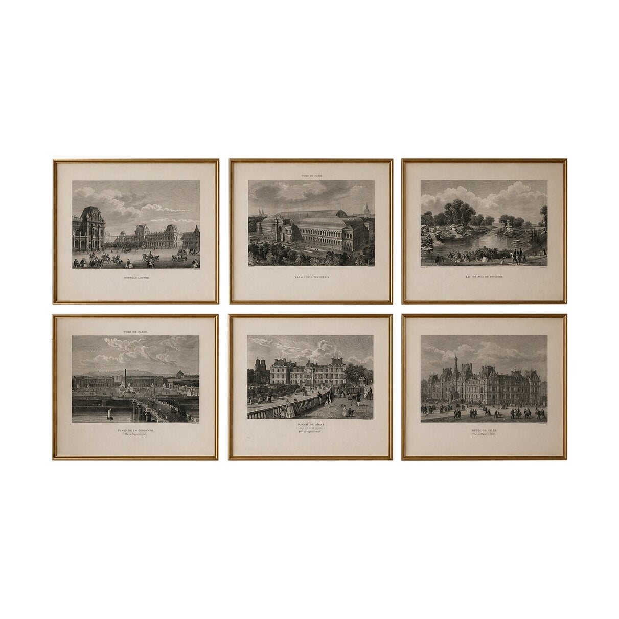 Antique Paris Views Set of 6, Chamouin Engravings – Louvre, Concorde, c.1855