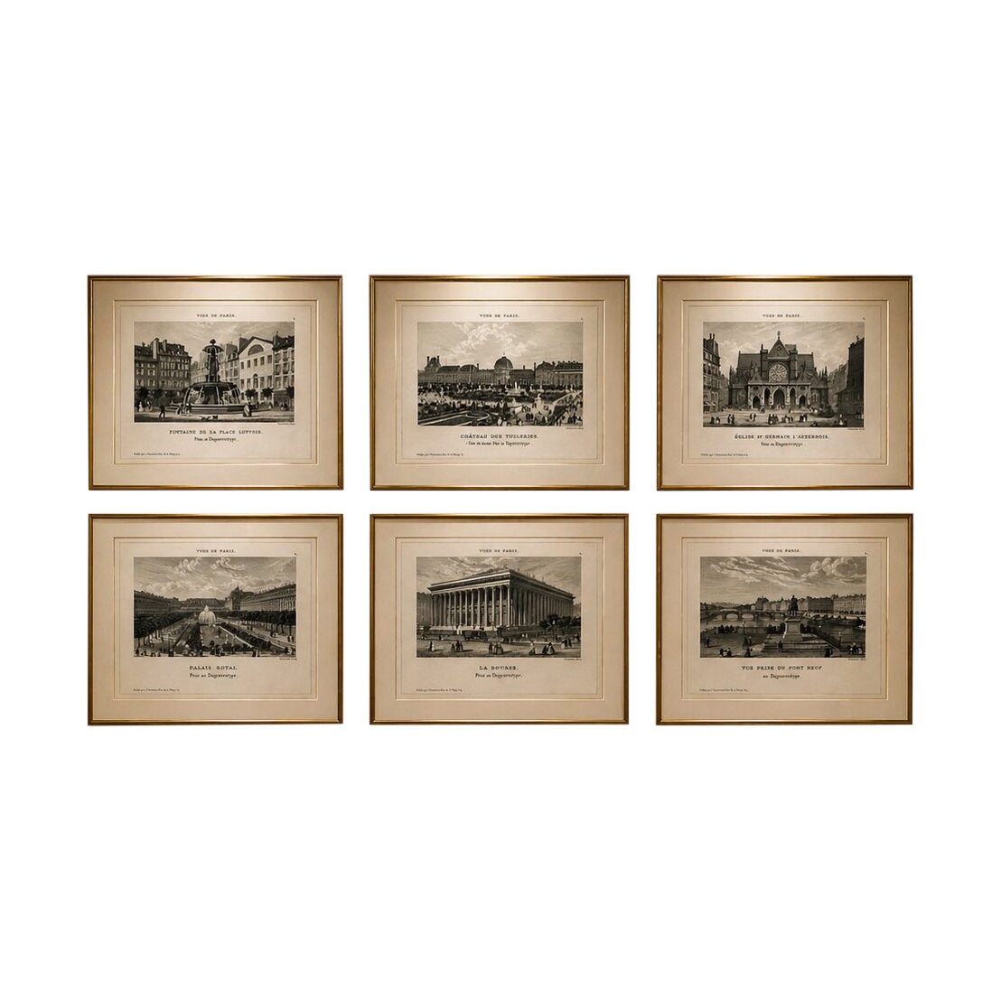 Antique Paris Views Set of 6, Chamouin Engravings – Palais Royal, Bourse, c.1855 For Sale