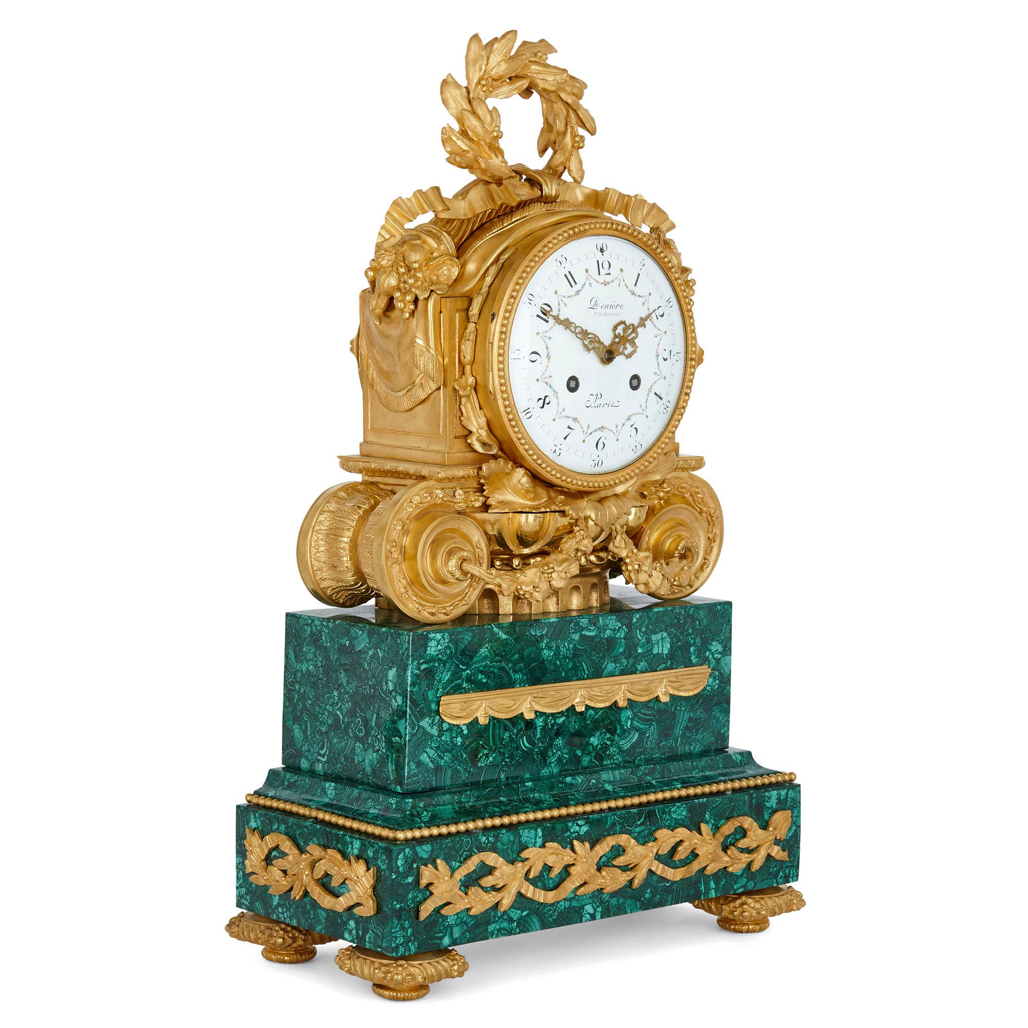 Antique Parisian mantel clock and candelabra set by Denière et Fils
French, 19th century
Clock: Height 60cm, width 36cm, depth 19cm
Candelabra: Height 60cm, diameter 30cm

This beautiful clock set is crafted from ormolu and a later malachite