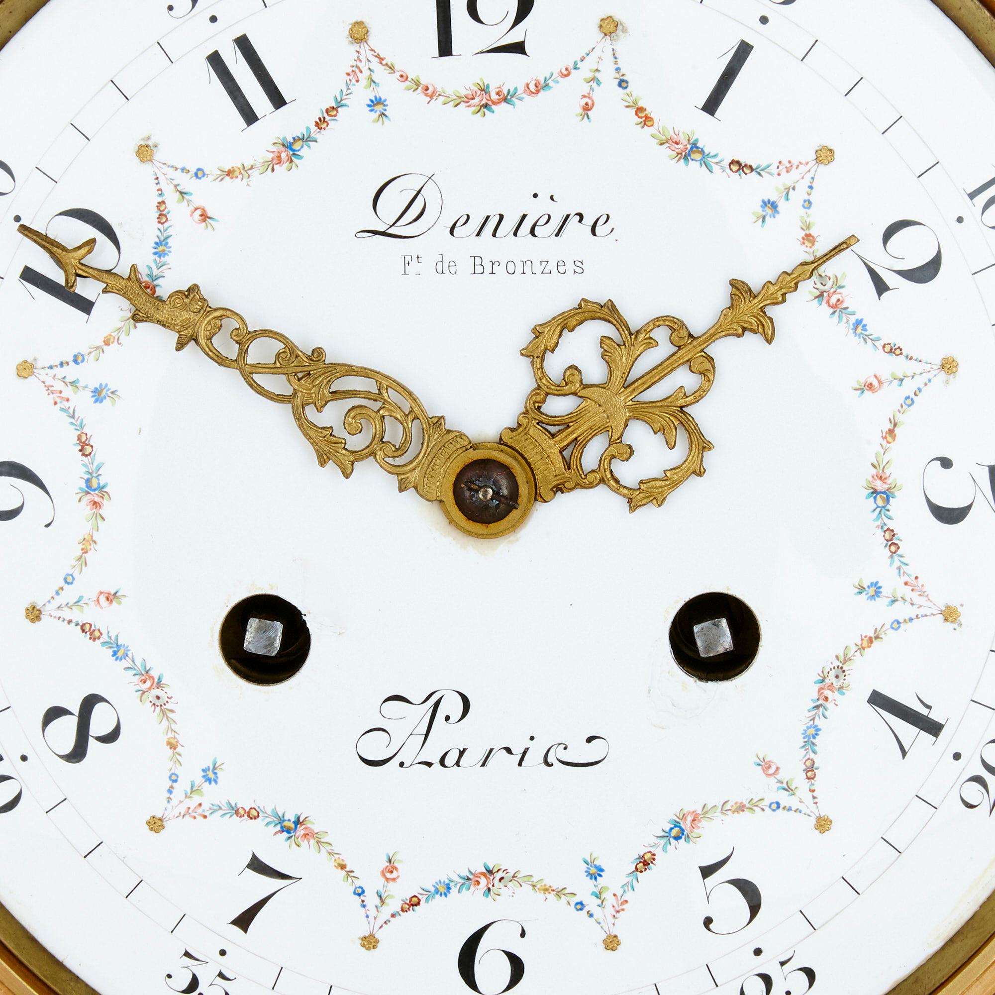 Neoclassical Antique Parisian Mantel Clock and Candelabra Set by Denière et Fils For Sale