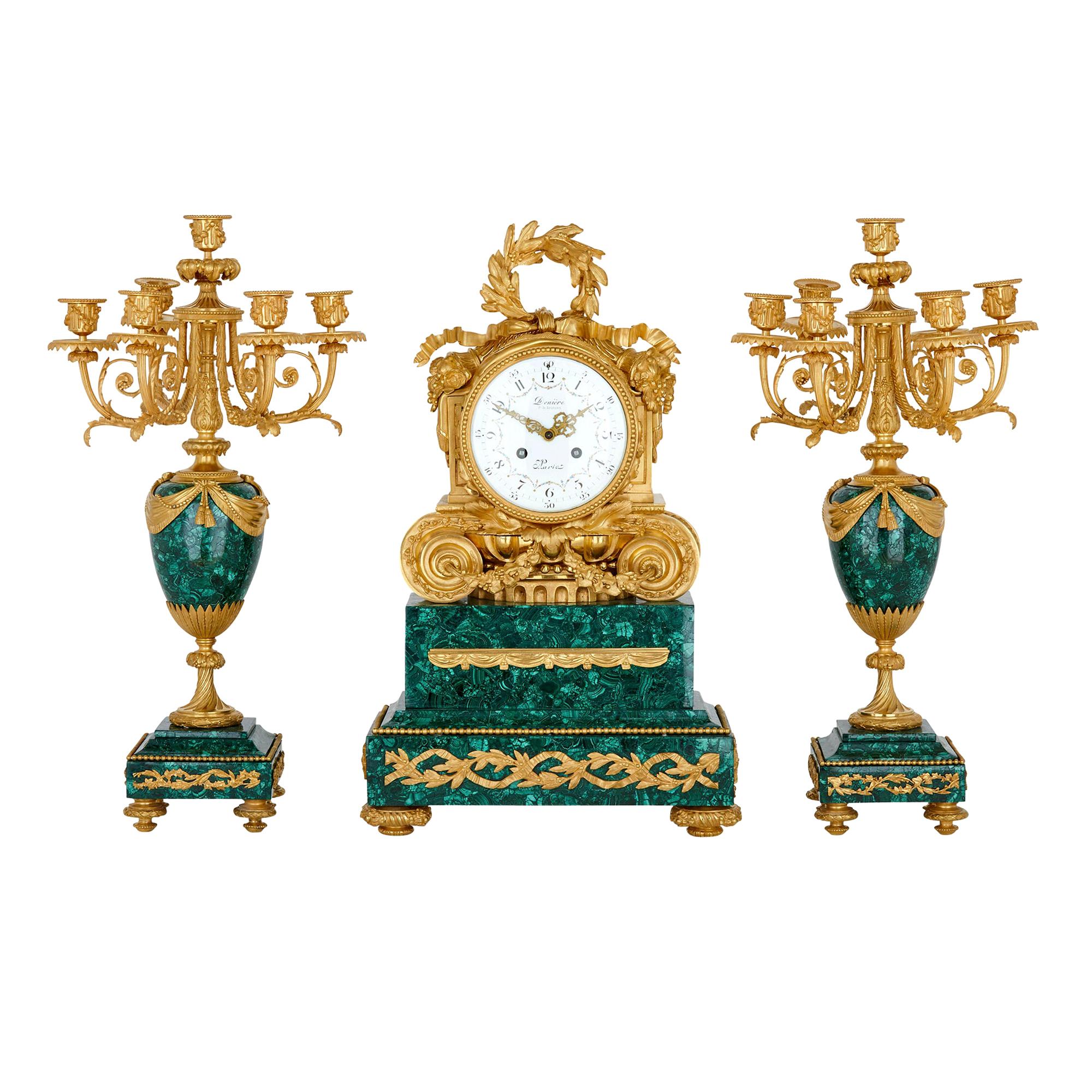 Ensemble d'horloge de cheminée et de candélabre parisiens anciens par Denière et Fils