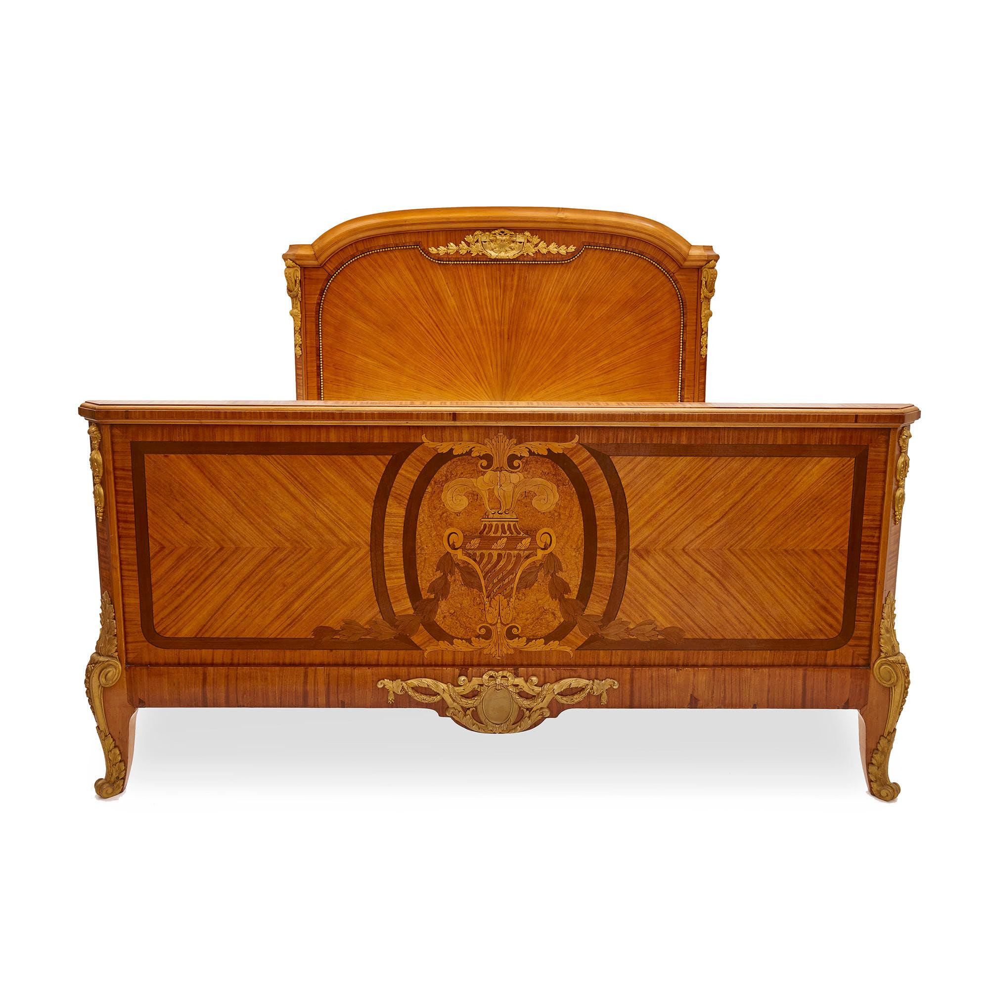 Neoclassical Antique Parisian Marquetry and Gilt Bronze Bed by Au Gros Chêne For Sale