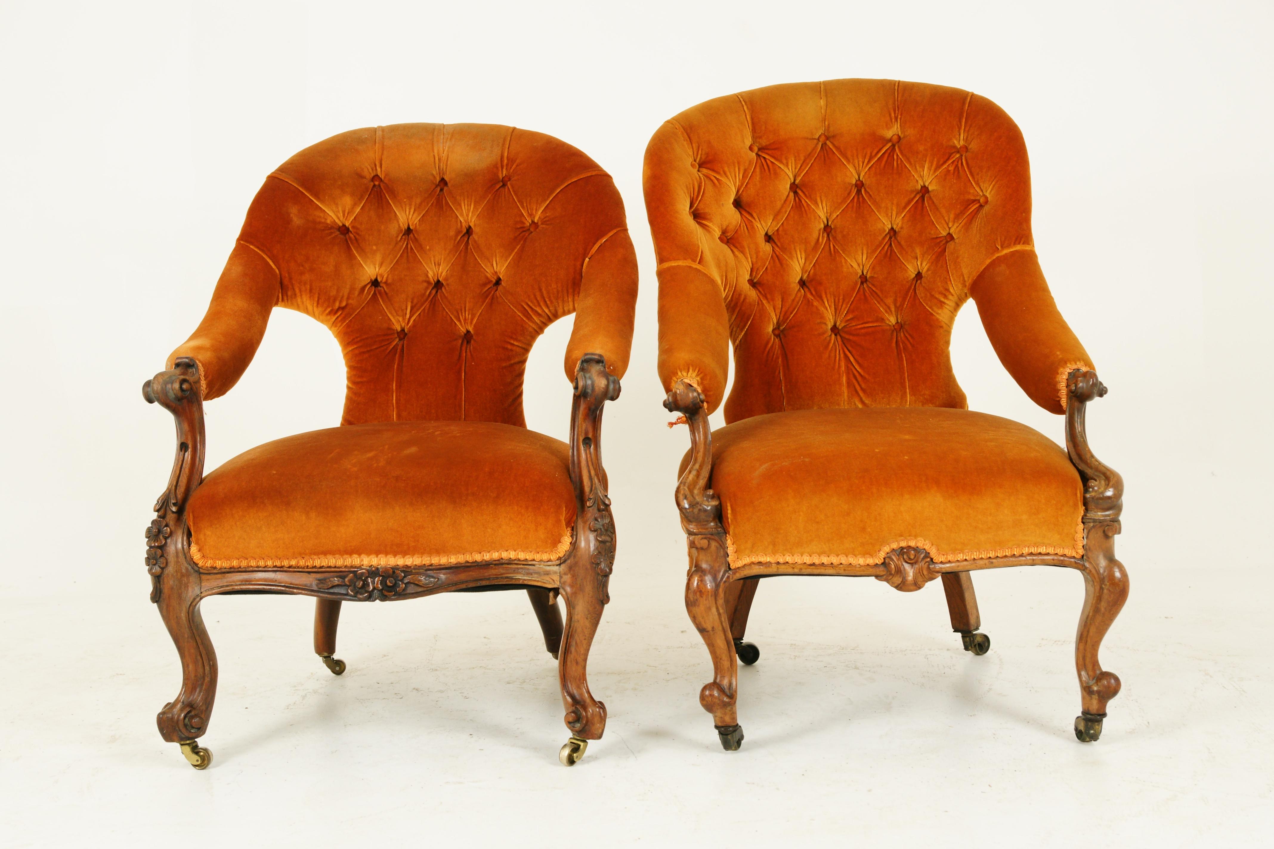 Antique parlor chairs, button back chairs, Victorian ladies chairs, antique furniture, Scotland 1870, B1517

Scotland 1870
Solid walnut
Original finish
Upholstered button back and spring seats
Open sides
Lovely shaped curved arms
Standing on carved