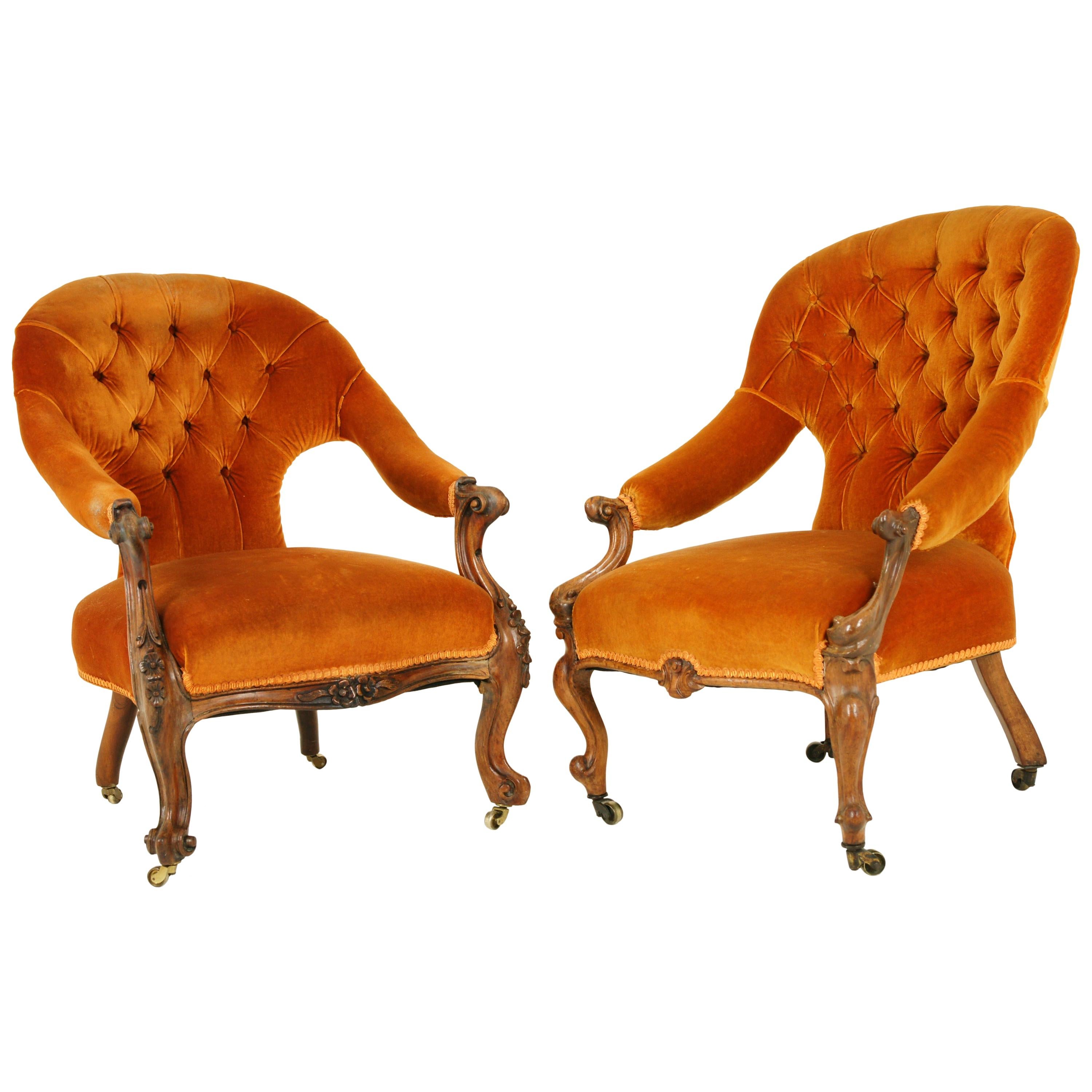 Antique Parlor Chairs, Button Back, Victorian Ladies Chairs, Scotland, 1870