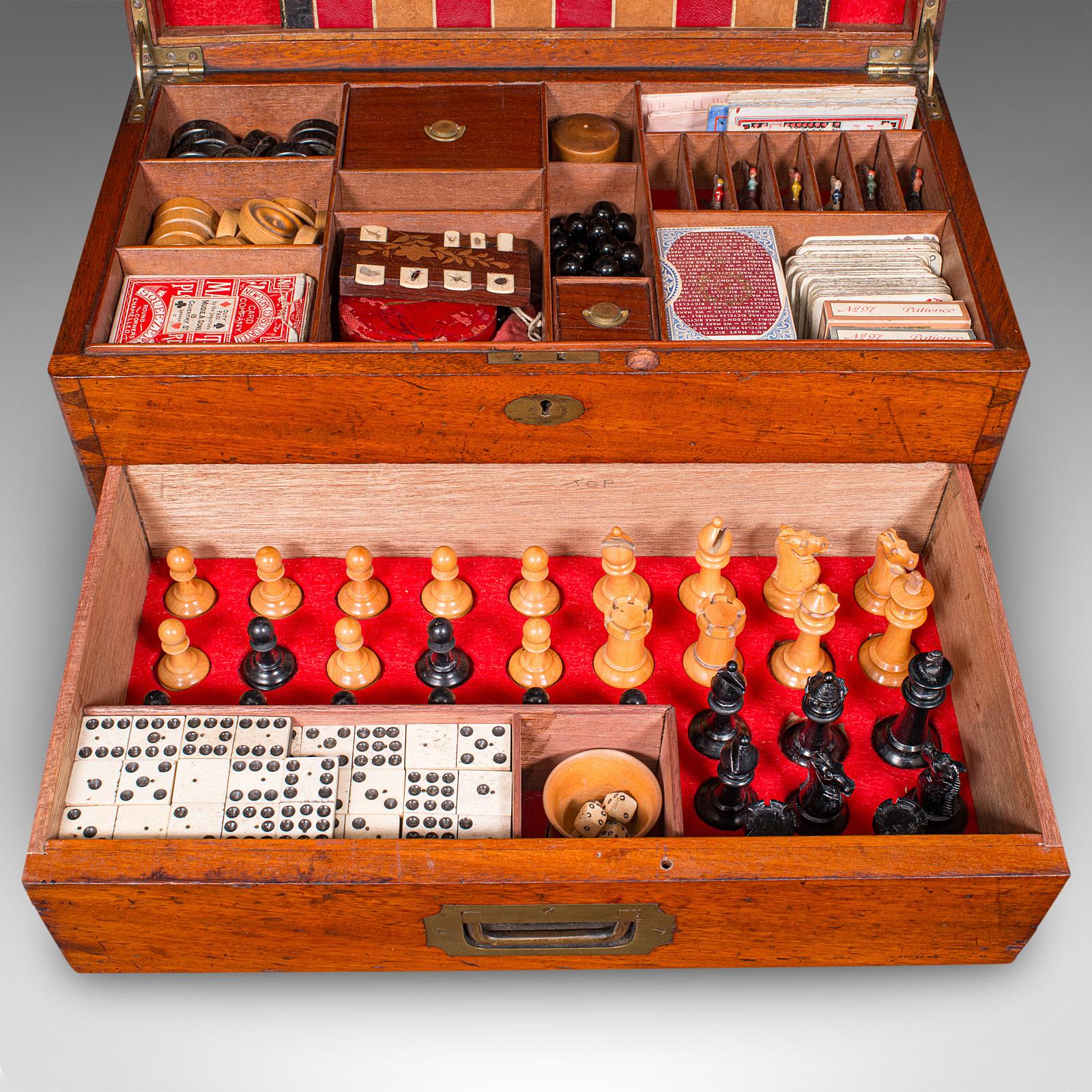 Mahogany Antique Parlour Games Compendium, English, Gaming Box, Chess, Cards, Victorian For Sale