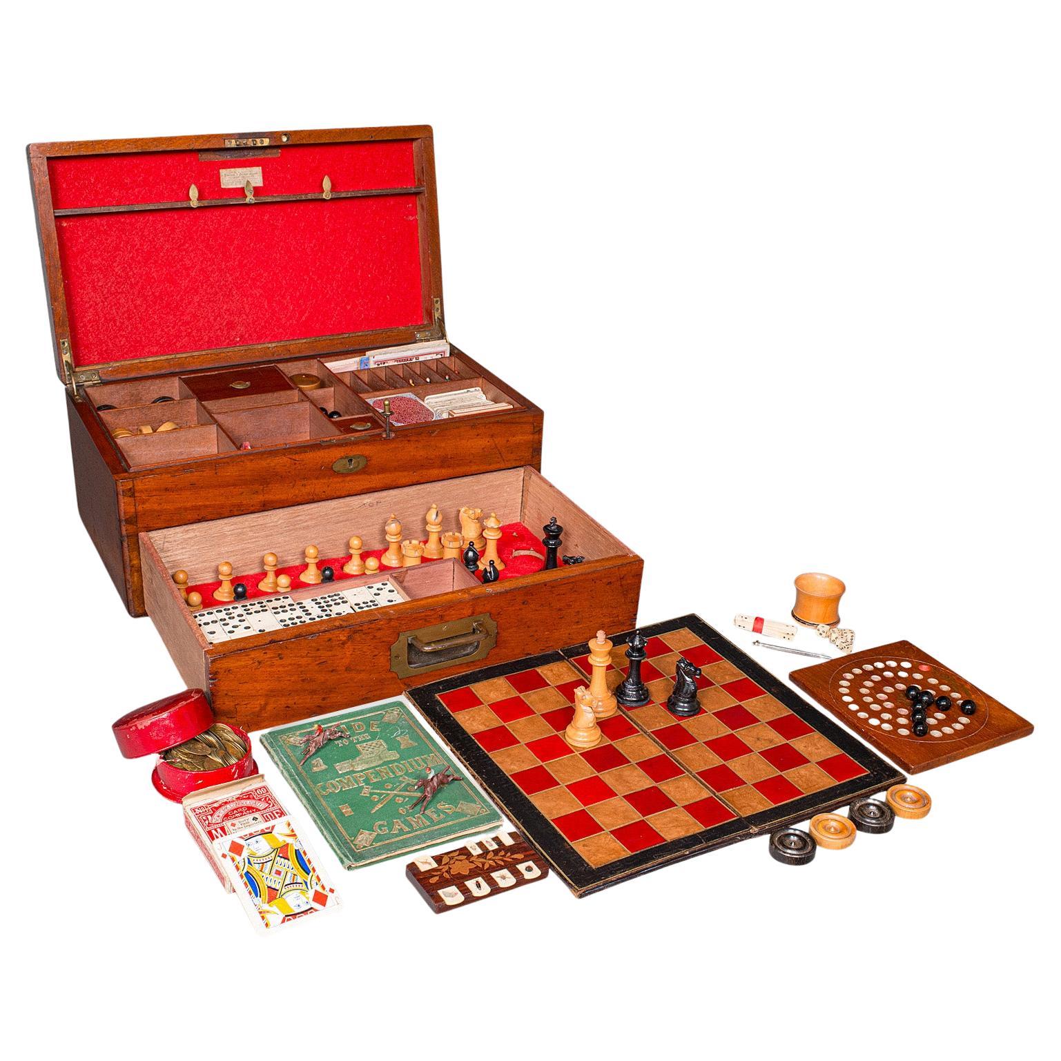 Antique Parlour Games Compendium, English, Gaming Box, Chess, Cards, Victorian For Sale