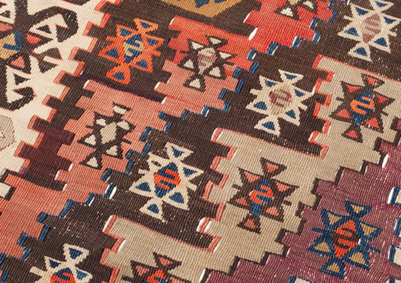 Vegetable Dyed Antique Parmakli Anatolian Kilim Finger Motif Rug Square Natural Turkish Carpet