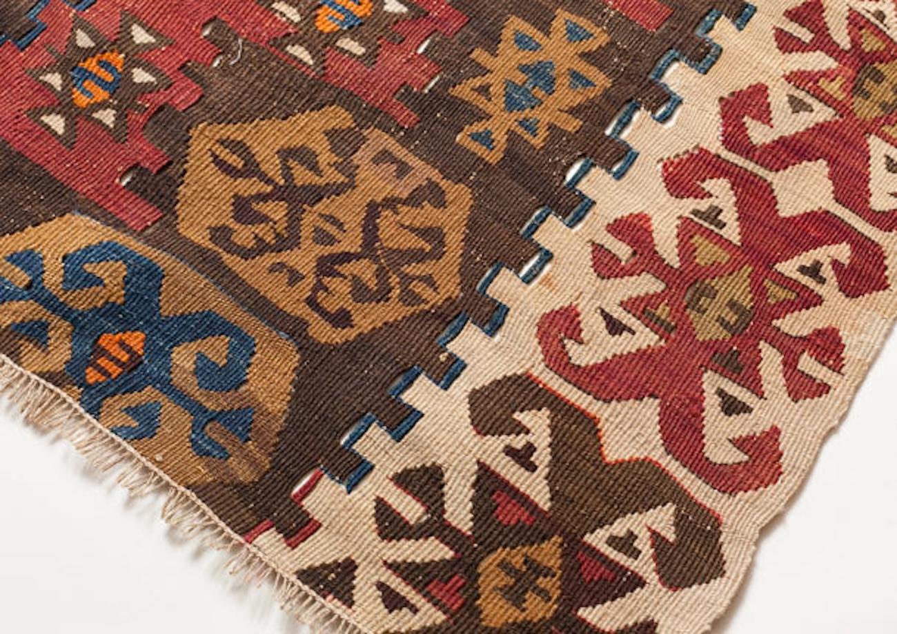 Antique Parmakli Anatolian Kilim Finger Motif Rug Square Natural Turkish Carpet In Good Condition In Tokyo, JP