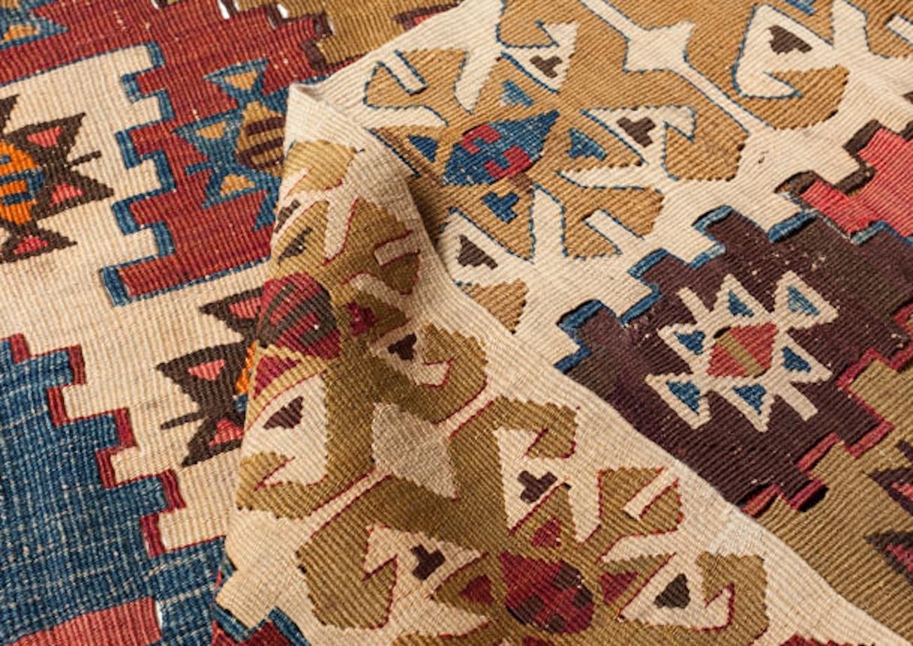 20th Century Antique Parmakli Anatolian Kilim Finger Motif Rug Square Natural Turkish Carpet