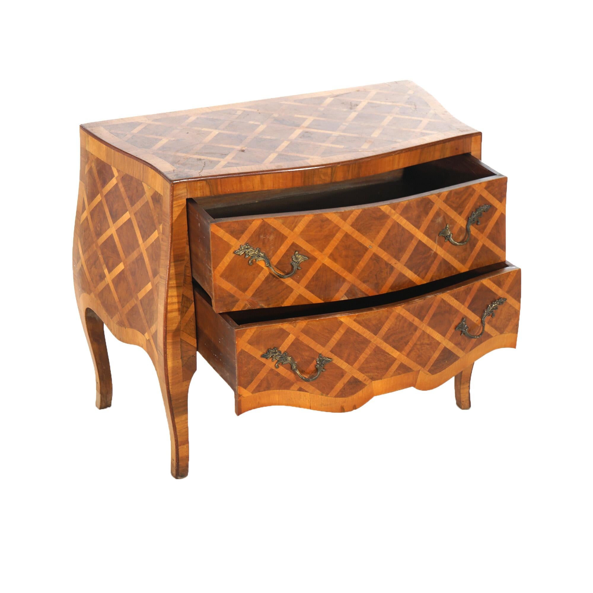 ***Inquire About Reduced In-House Delivery Rates - Reliable Professional Service & Fully Insured***

Antique Parquetry Italian Bombe Two Drawer Olive Wood Commode C1890

Measures- 26''H x 34''W x 19''D