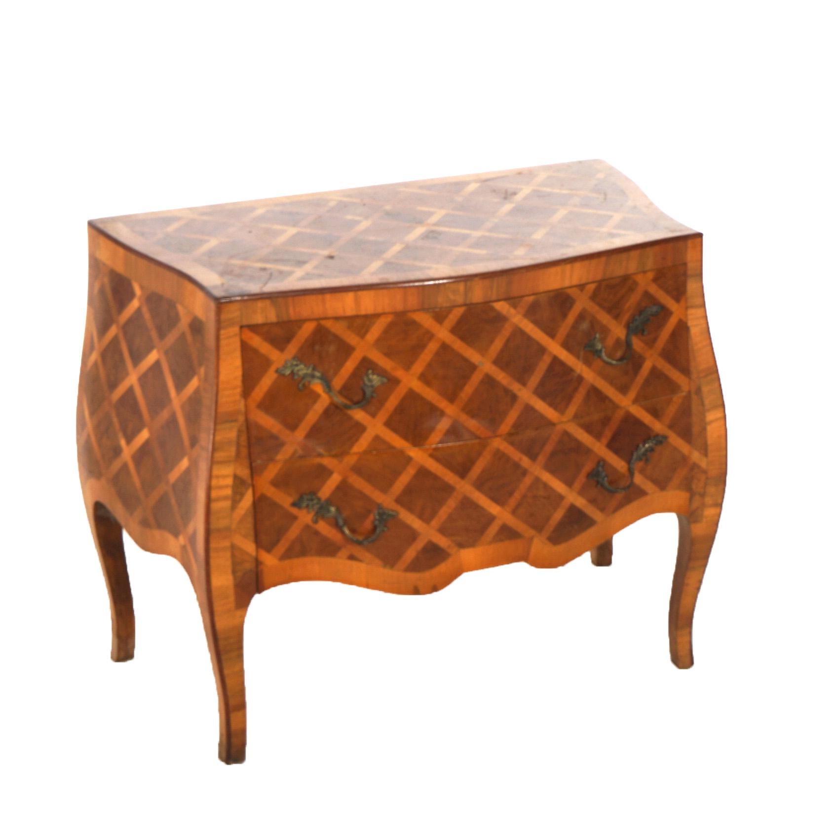 Antique Parquetry Italian Bombe Two Drawer Olive Wood Commode C1890 In Good Condition In Big Flats, NY