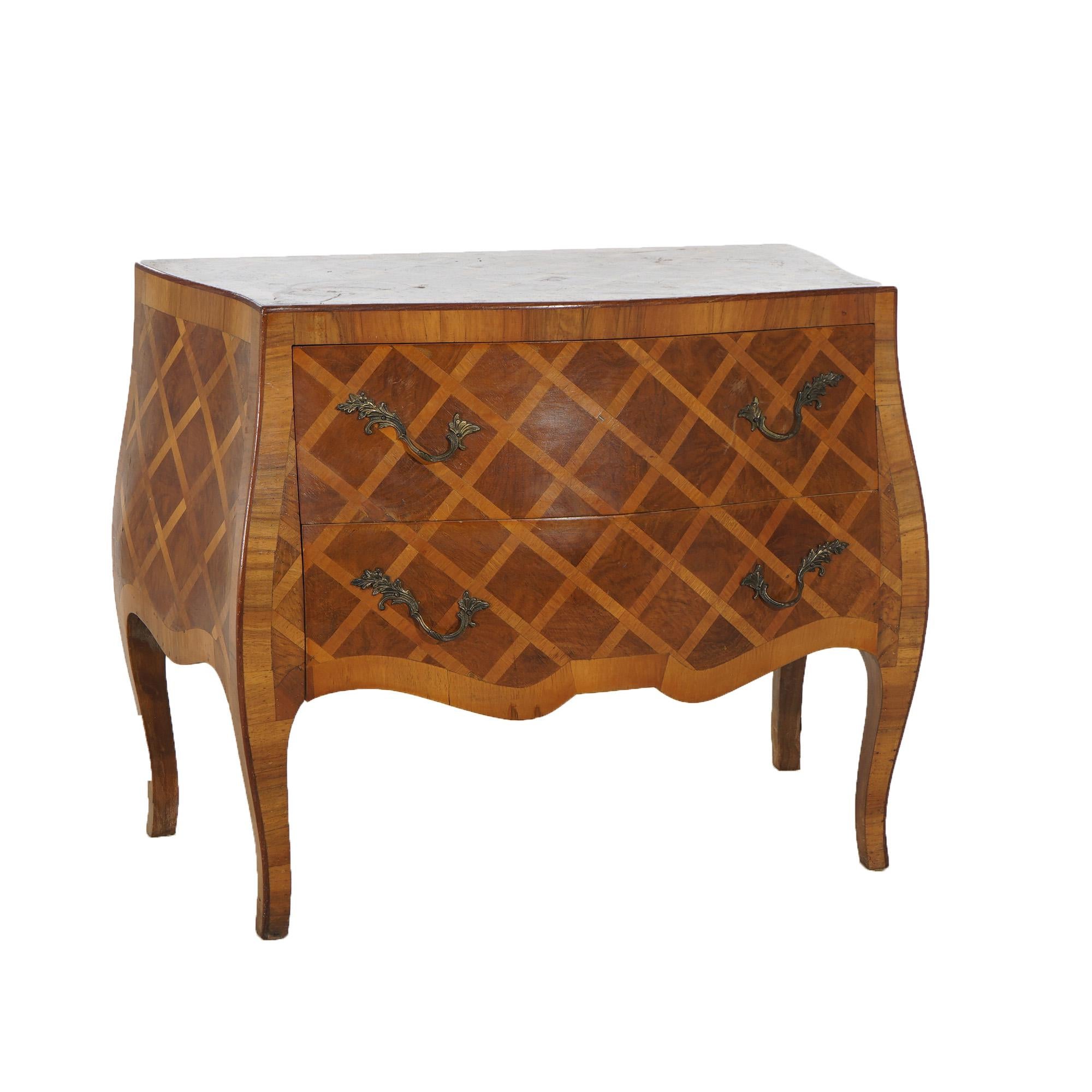 19th Century Antique Parquetry Italian Bombe Two Drawer Olive Wood Commode C1890