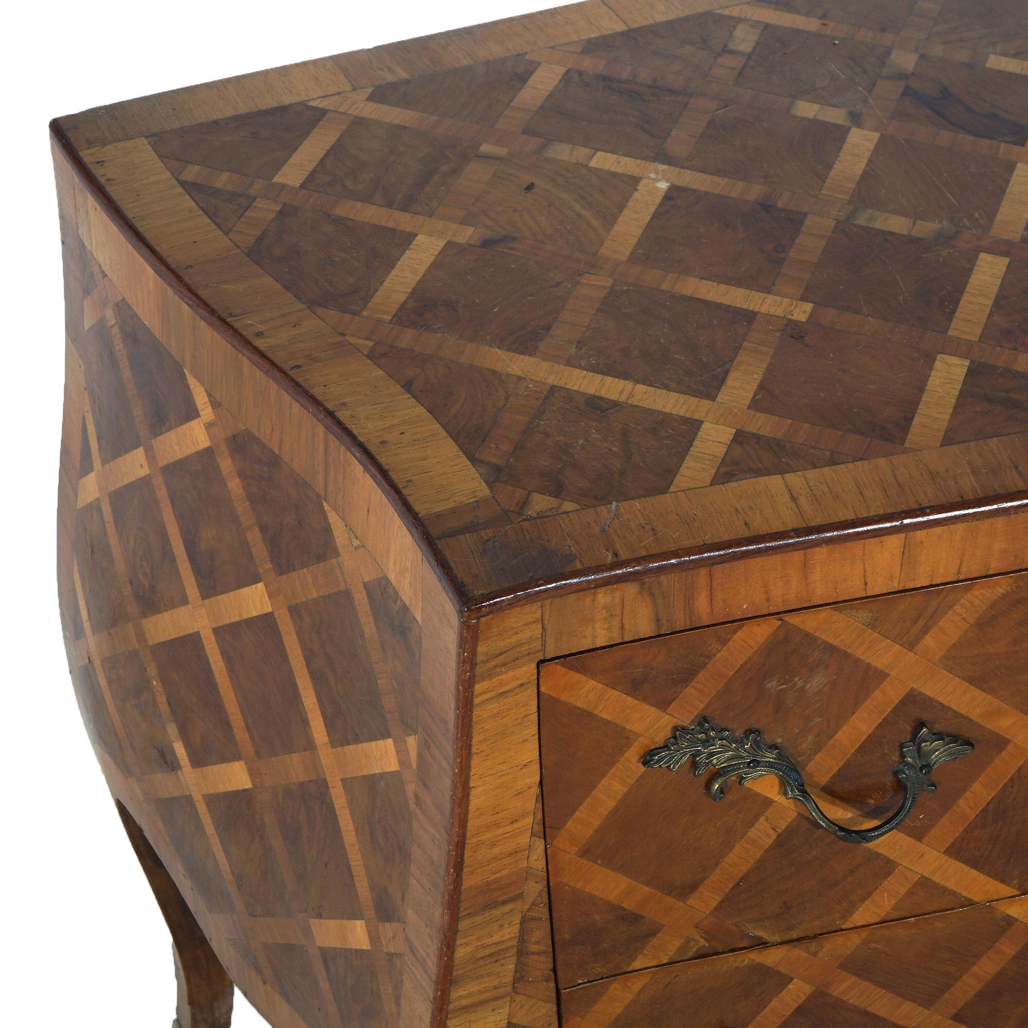 Antique Parquetry Italian Bombe Two Drawer Olive Wood Commode C1890 2