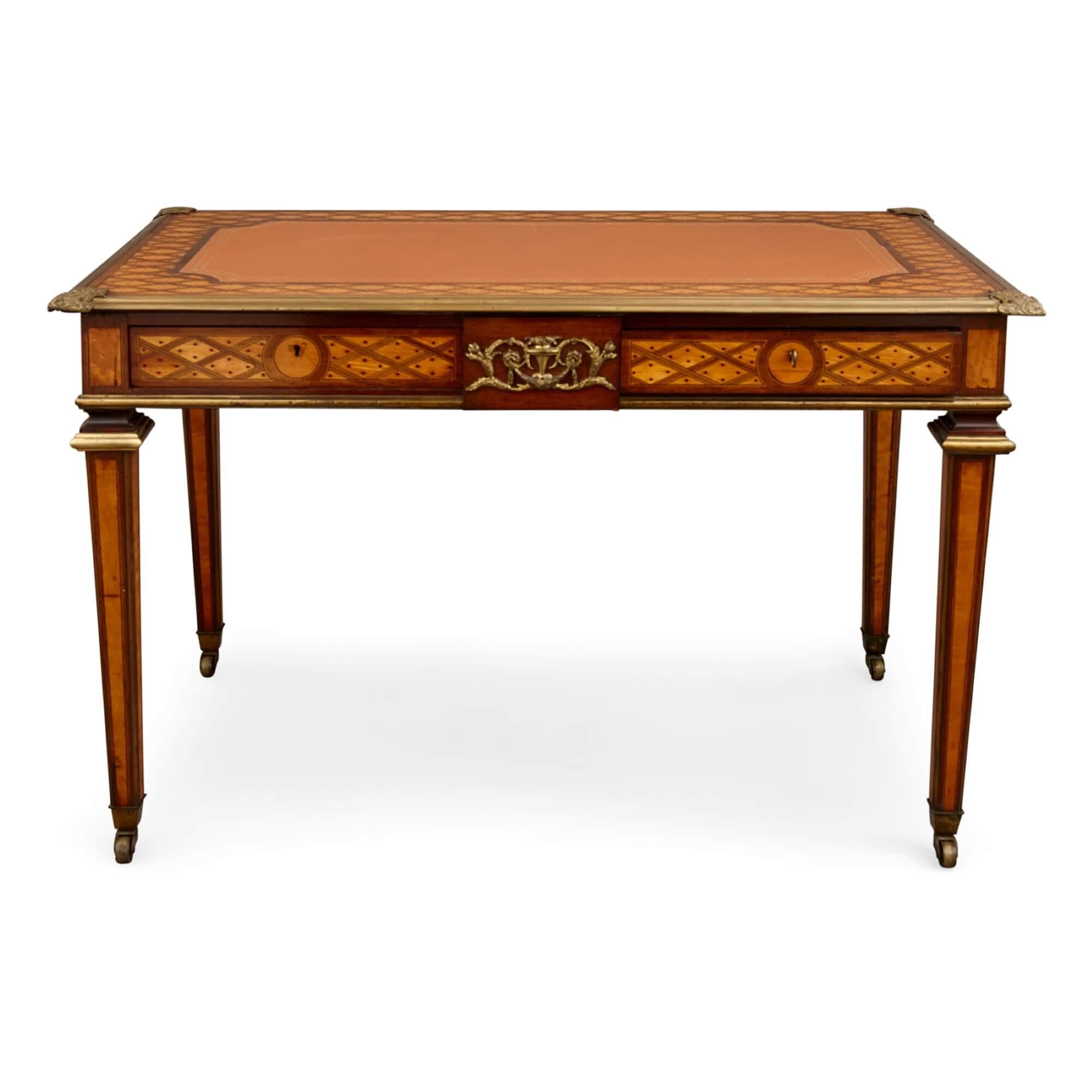 Neoclassical Antique Parquetry, Ormolu and Leather Bureau Plat by Ross  For Sale