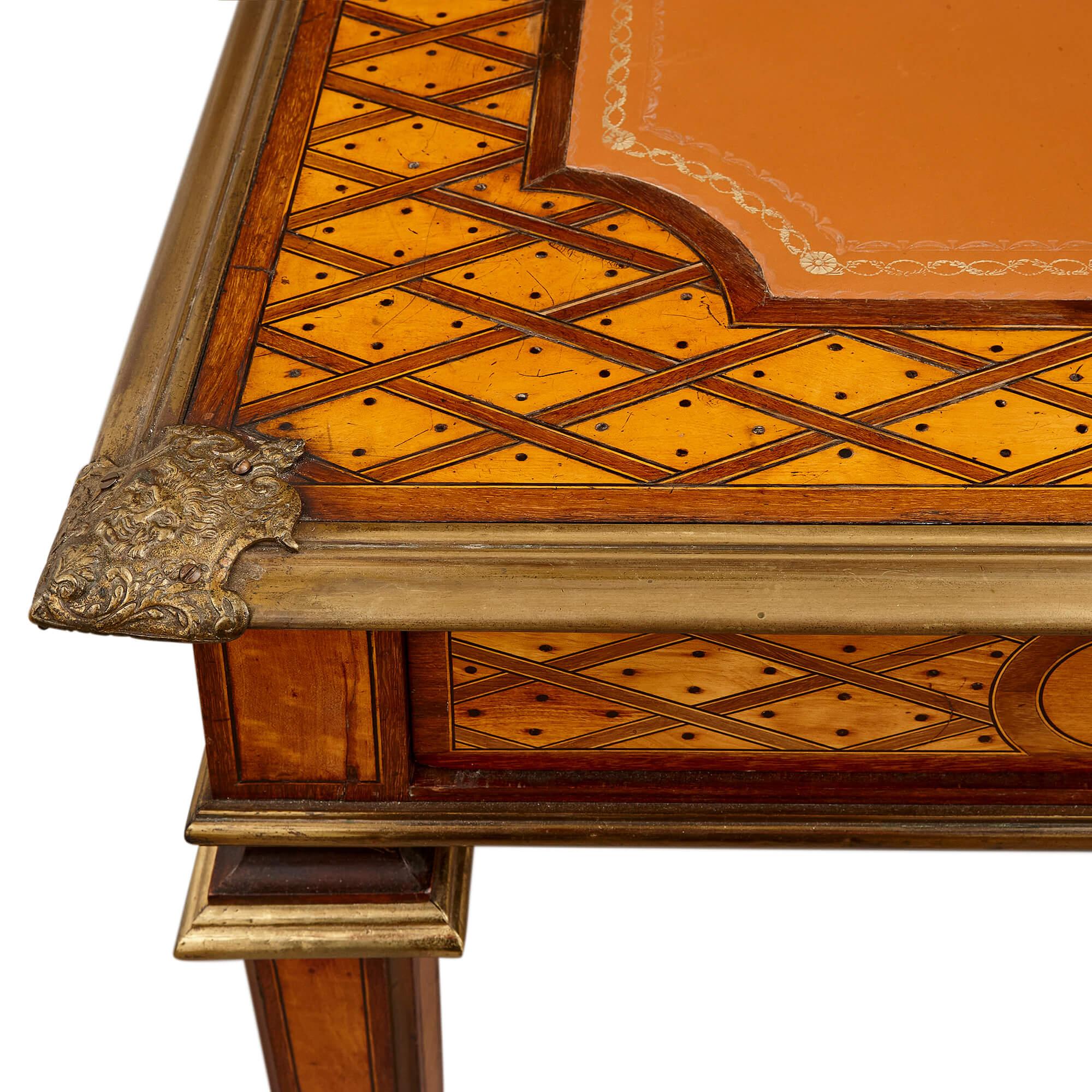 English Antique Parquetry, Ormolu and Leather Bureau Plat by Ross  For Sale