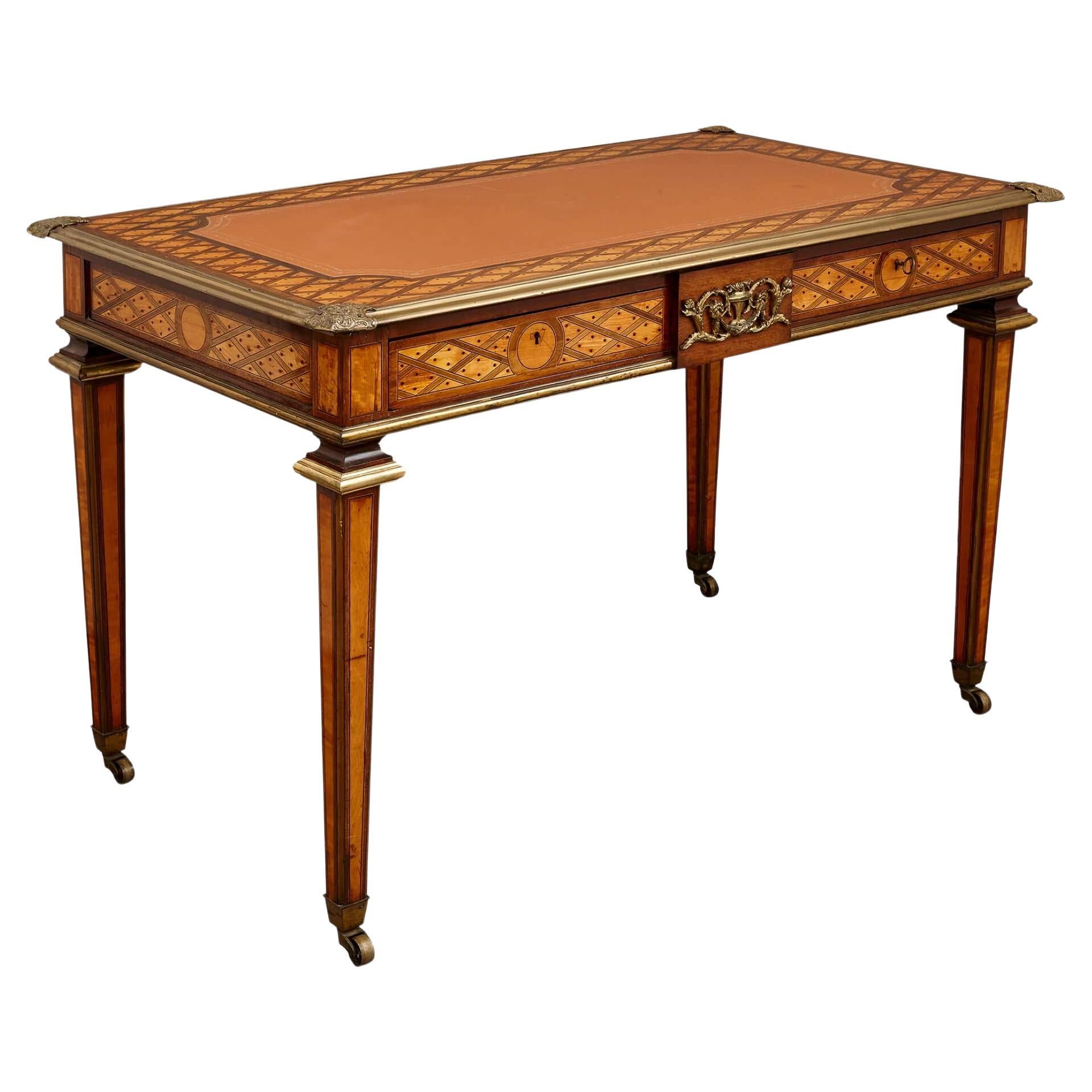 Antique Parquetry, Ormolu and Leather Bureau Plat by Ross 