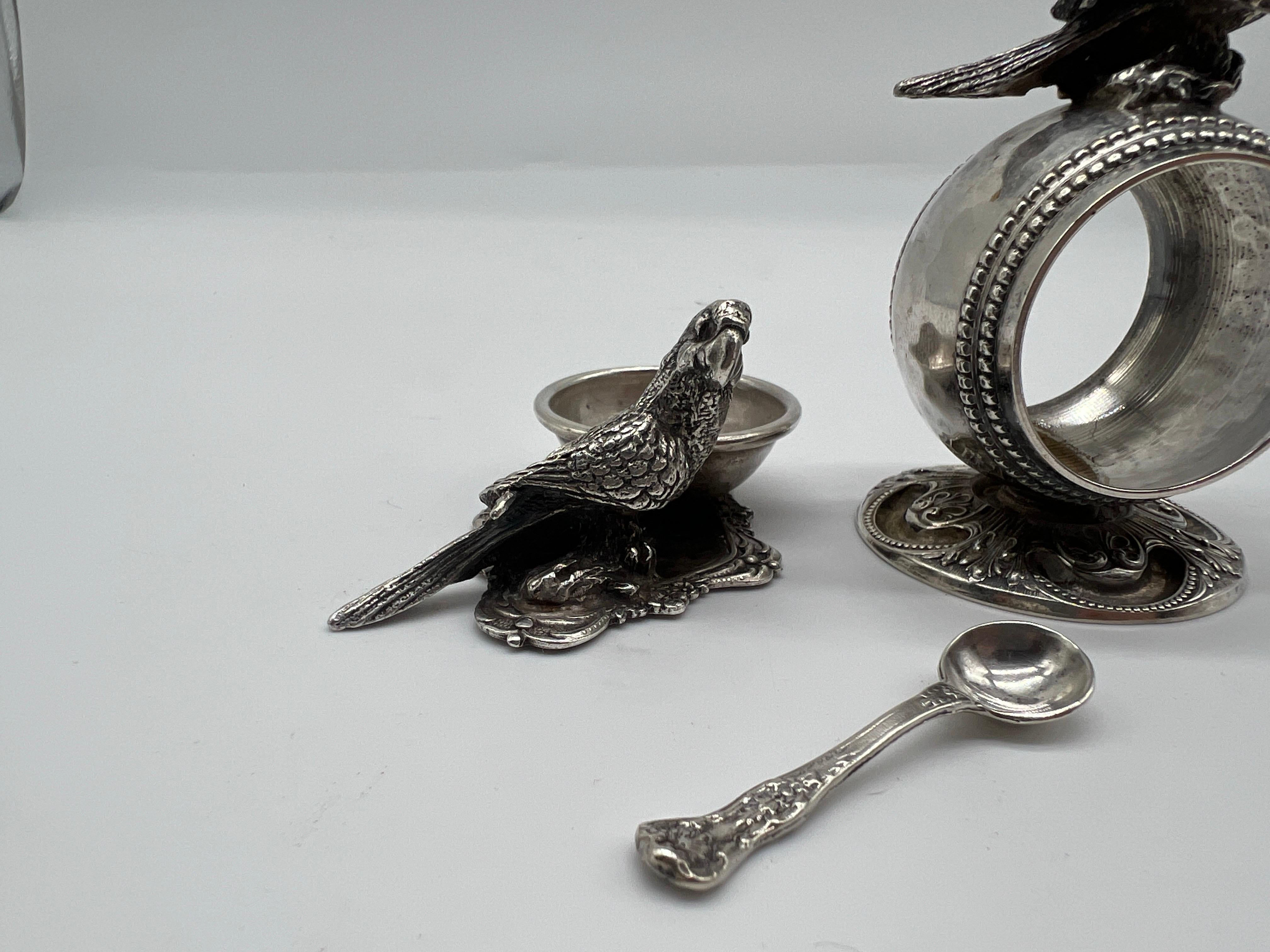 Antique Parrot Form Silver plated Table Accessory Set - Napkin Ring + Salt Dish In Good Condition For Sale In Atlanta, GA