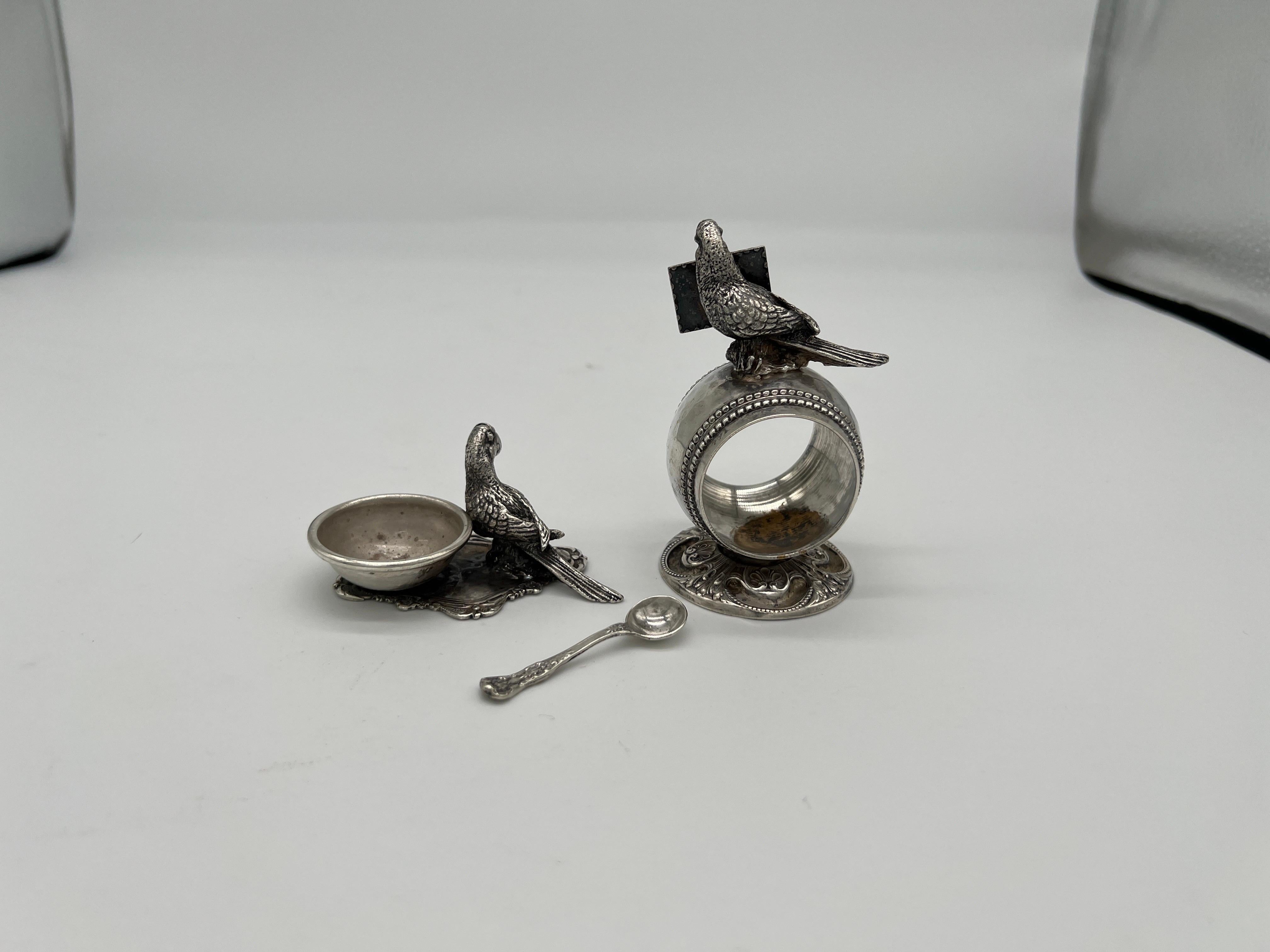 Silver Plate Antique Parrot Form Silver plated Table Accessory Set - Napkin Ring + Salt Dish For Sale