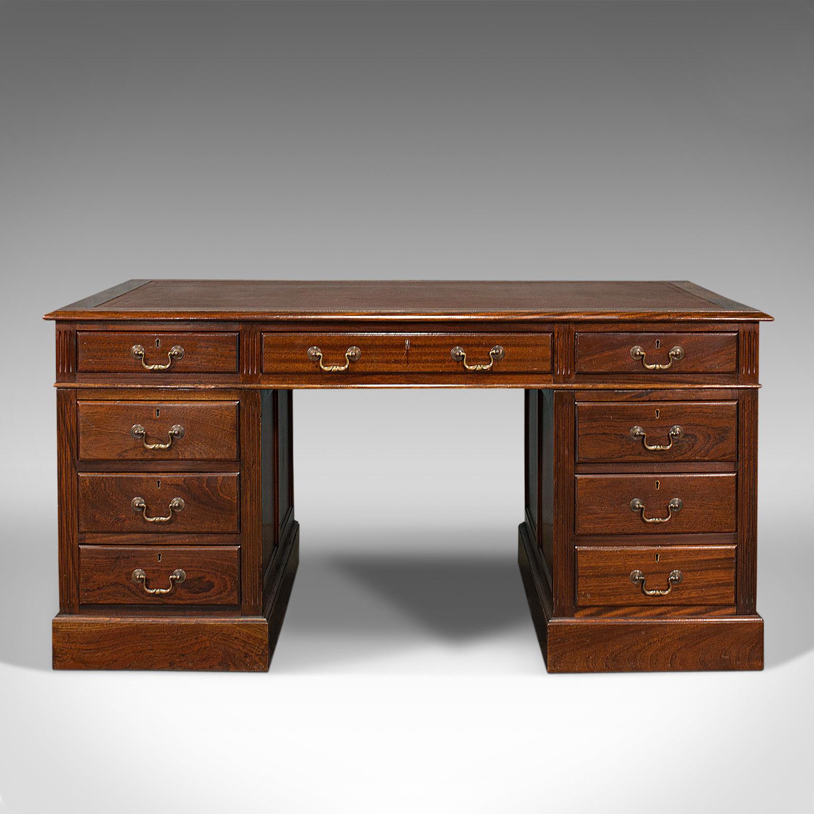 This is an antique partners desk. An English, mahogany and leather writing table, dating to the Edwardian period, circa 1910.

Strikingly presentable partner's desk with twin pedestal form
Displaying a desirable aged patina throughout
Select