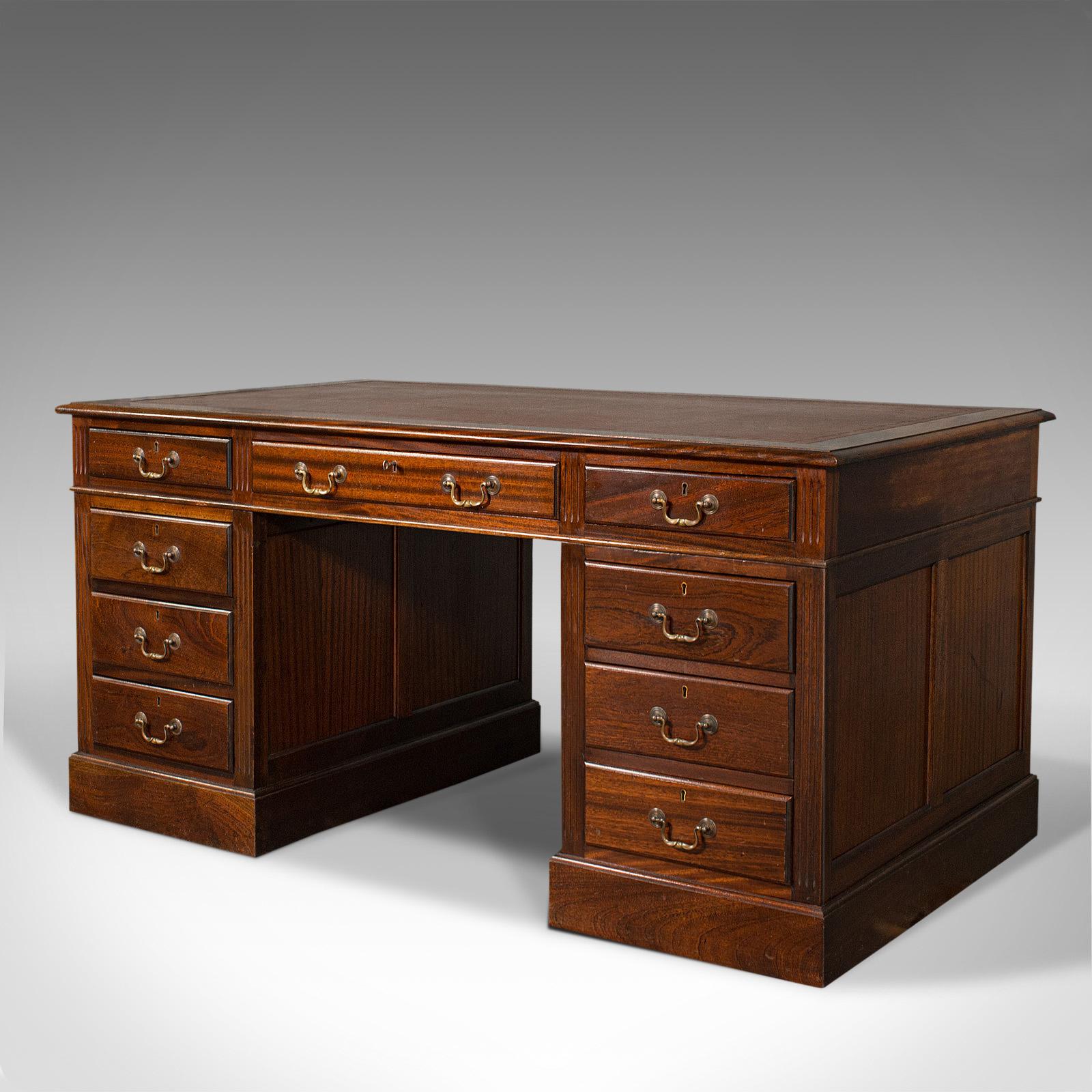 British Antique Partner's Desk, English, Mahogany, Leather, Writing Table, Edwardian