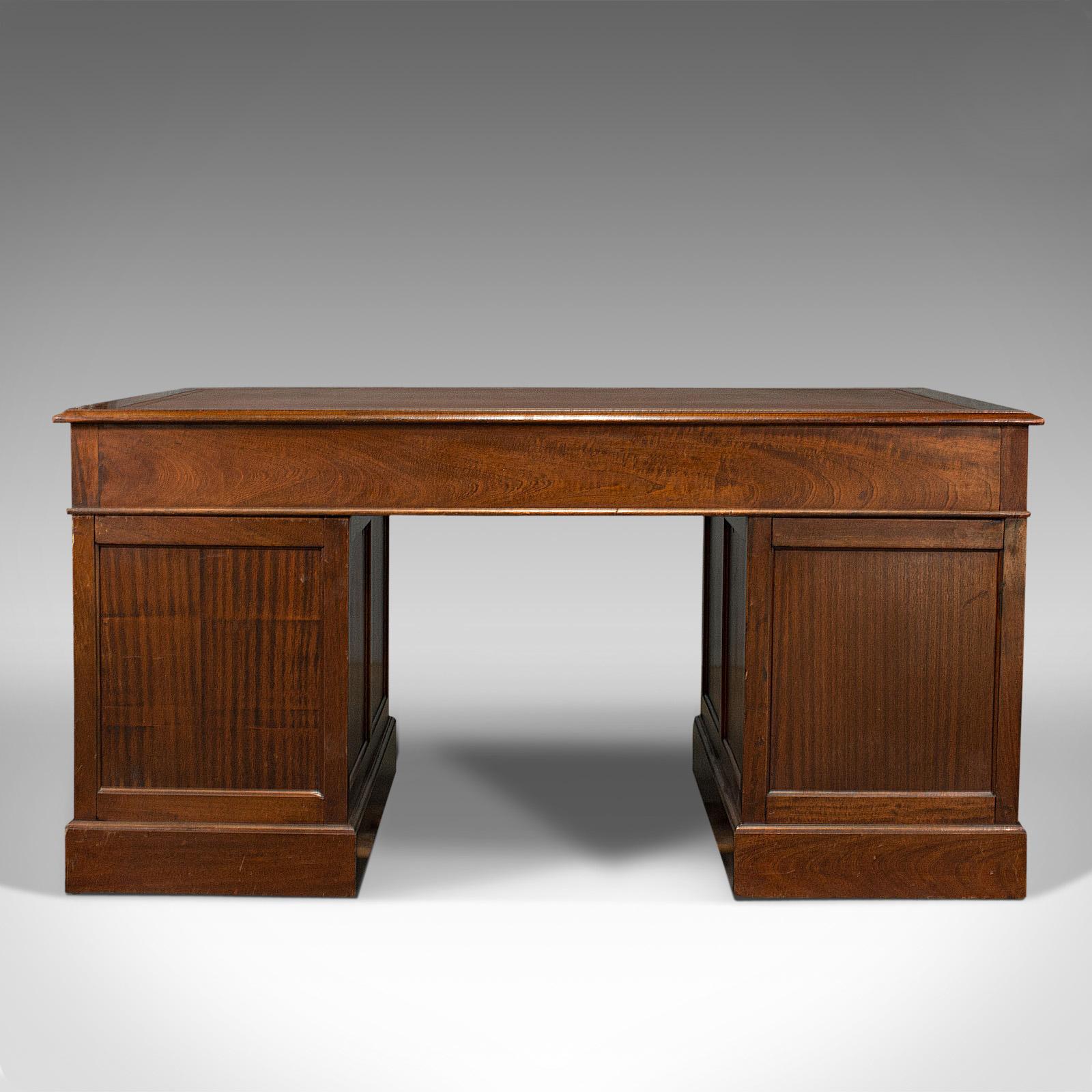 Antique Partner's Desk, English, Mahogany, Leather, Writing Table, Edwardian 1