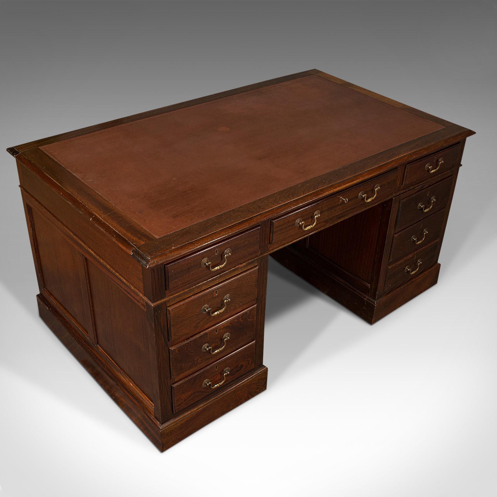 Antique Partner's Desk, English, Mahogany, Leather, Writing Table, Edwardian 2