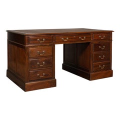 Antique Partner's Desk, English, Mahogany, Leather, Writing Table, Edwardian