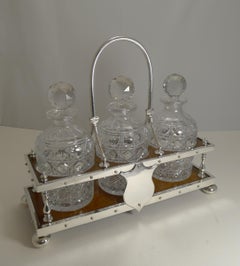Antique Partner's Oak and Silver Plate Tantalus / Decanters Dated 1885