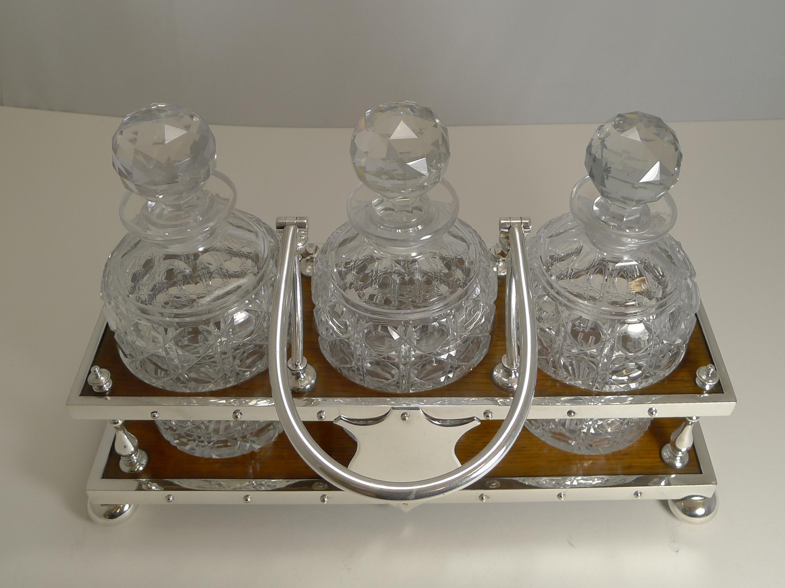 English Antique Partner's Oak and Silver Plate Tantalus / Decanters Dated 1885 For Sale