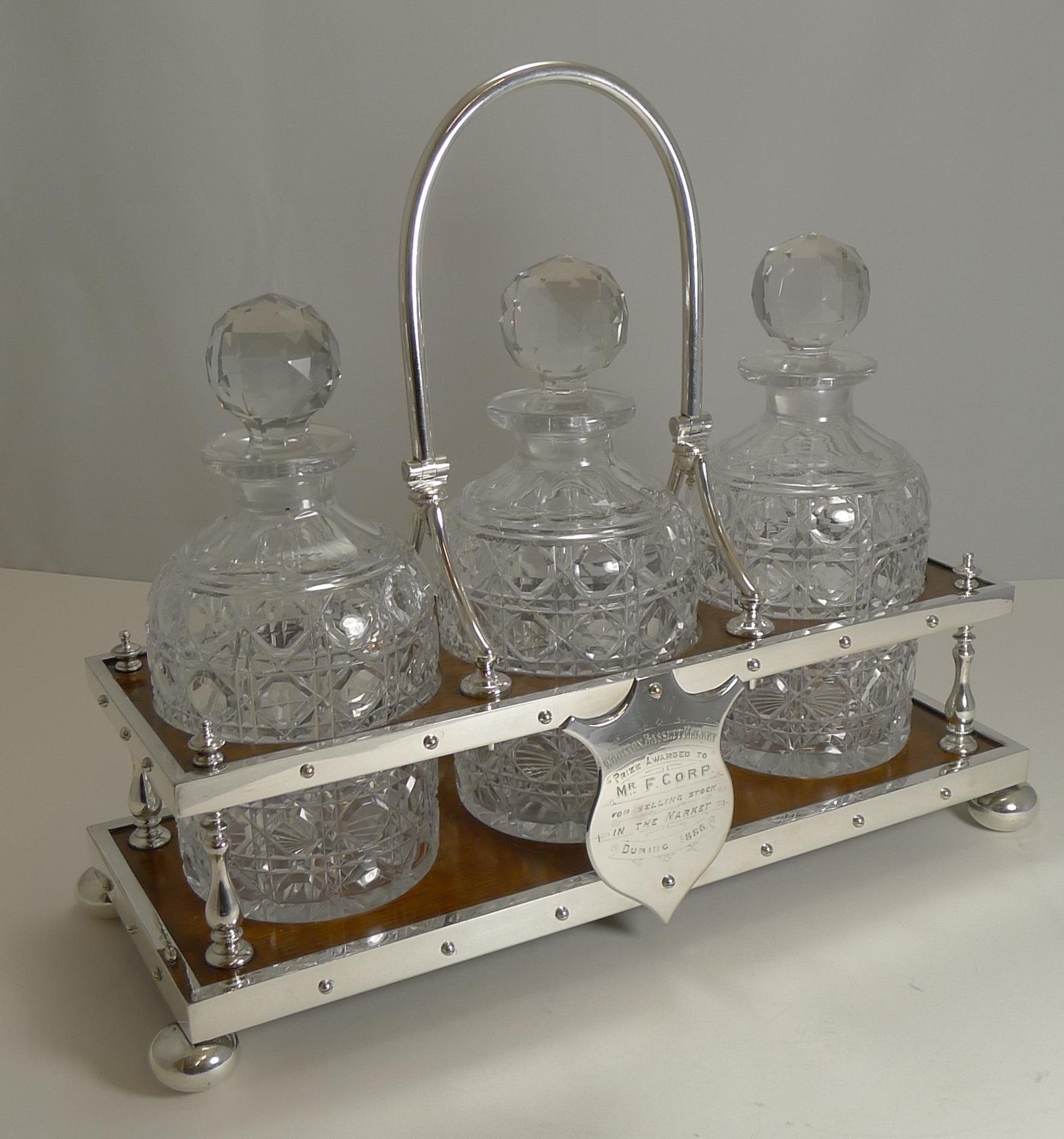 Late 19th Century Antique Partner's Oak and Silver Plate Tantalus / Decanters Dated 1885 For Sale