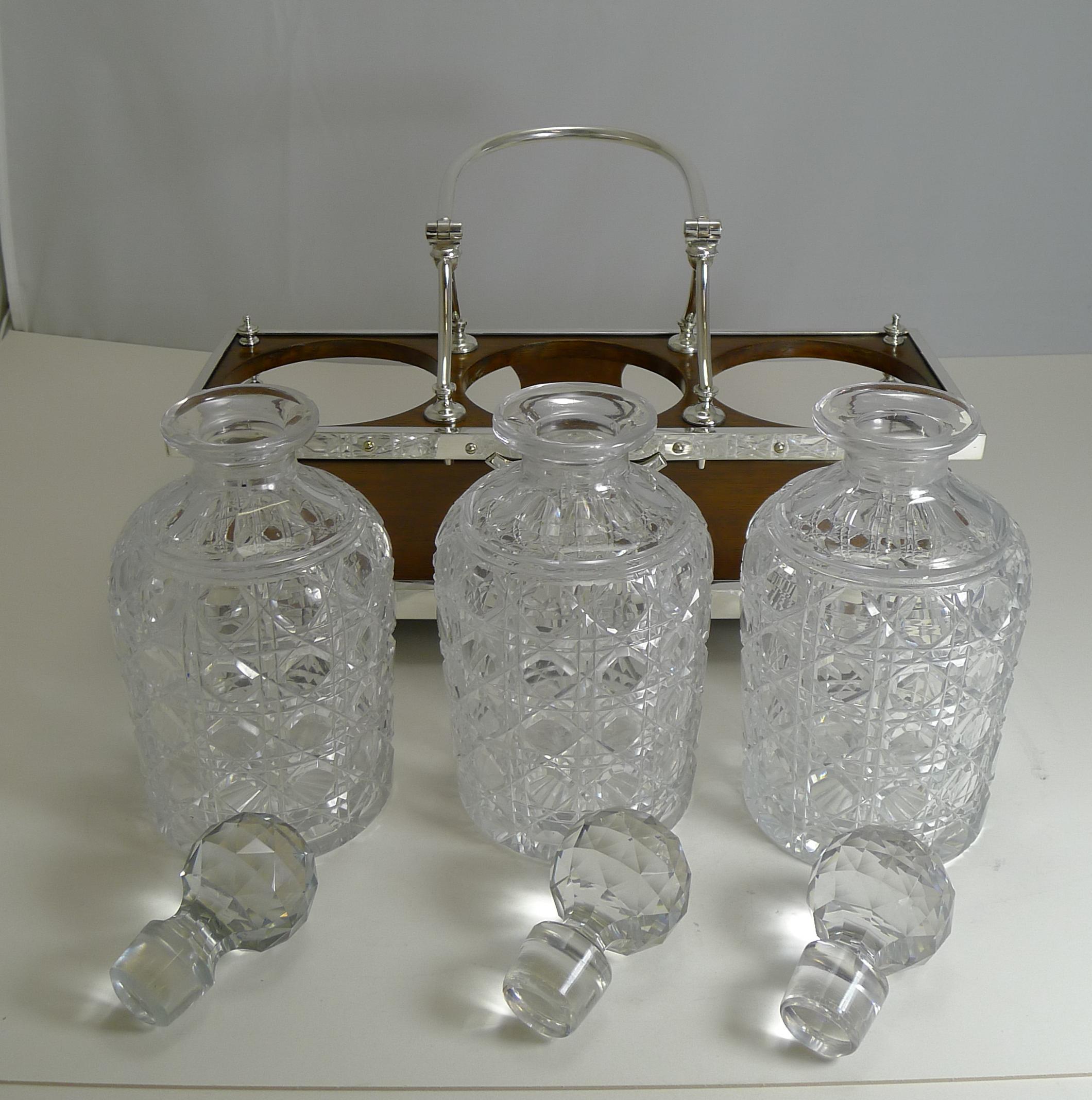 Antique Partner's Oak and Silver Plate Tantalus / Decanters Dated 1885 For Sale 2