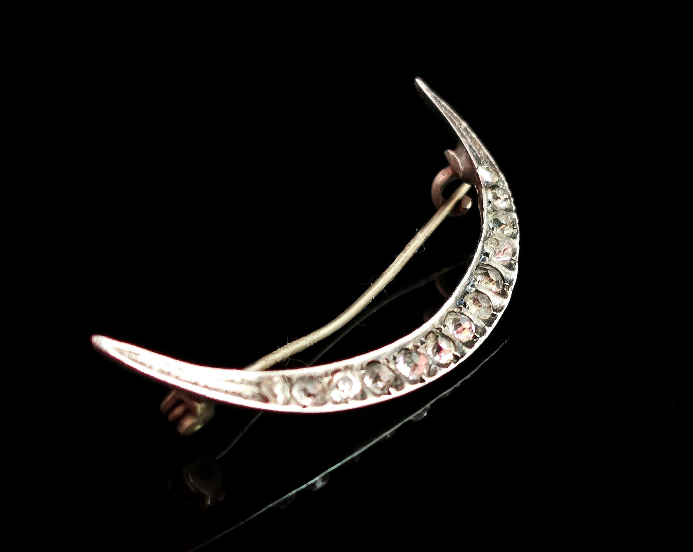 Antique Paste Crescent Brooch, Sterling Silver, Edwardian In Fair Condition In NEWARK, GB