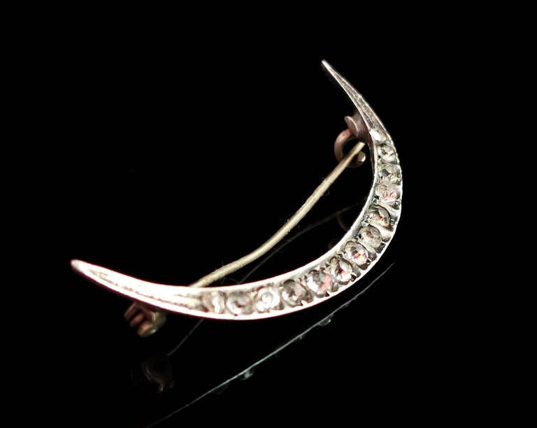 Antique Paste Crescent Brooch, Sterling Silver, Edwardian In Fair Condition For Sale In NEWARK, GB