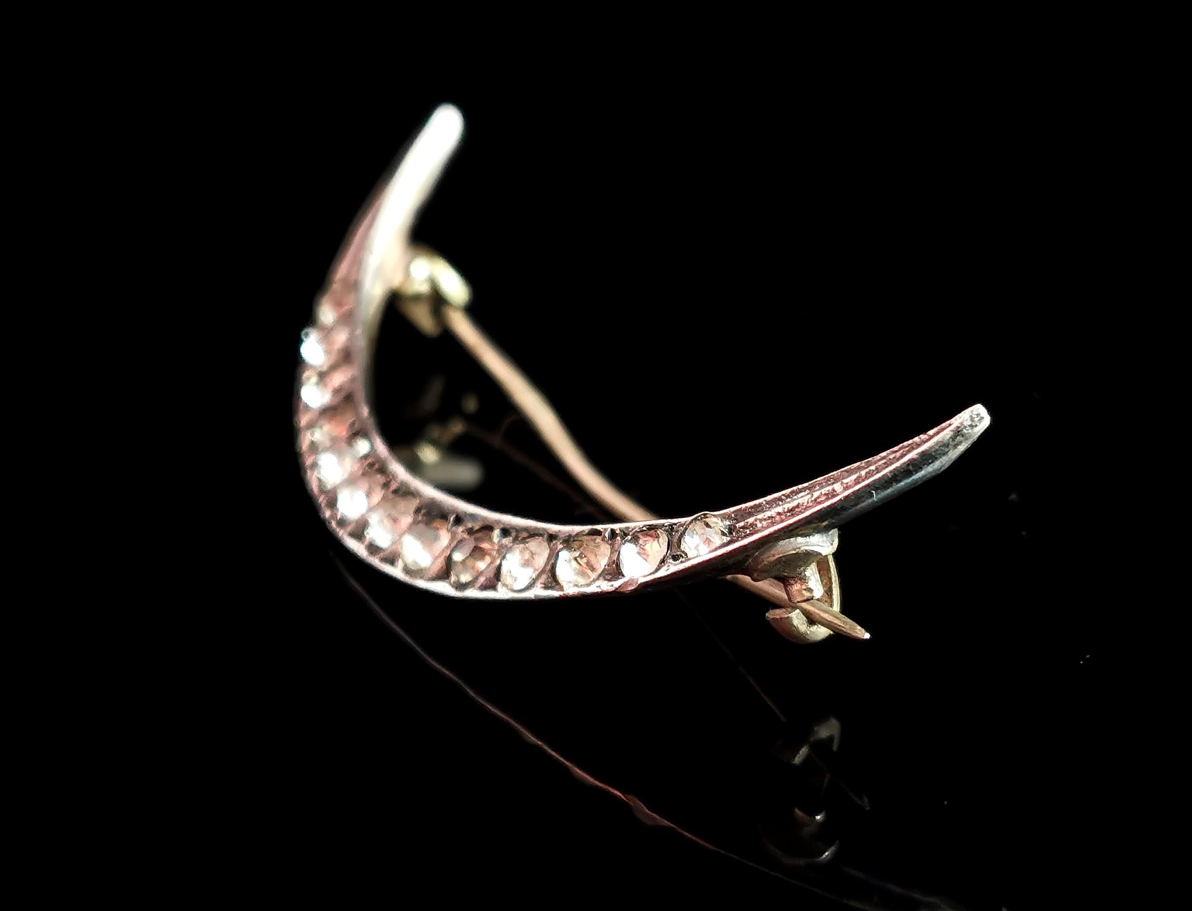 Women's or Men's Antique Paste Crescent Brooch, Sterling Silver, Edwardian