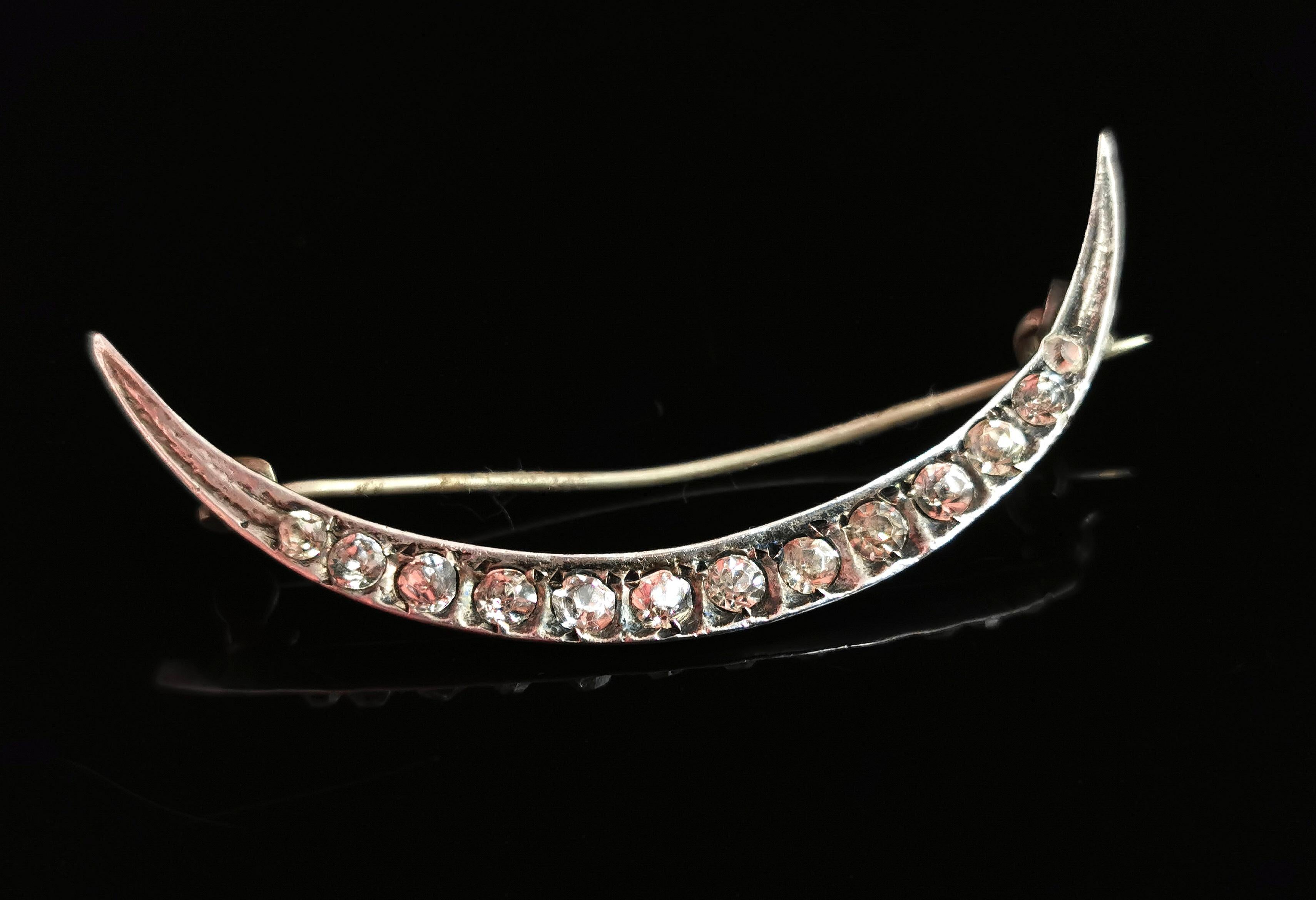 Antique Paste Crescent Brooch, Sterling Silver, Edwardian 1