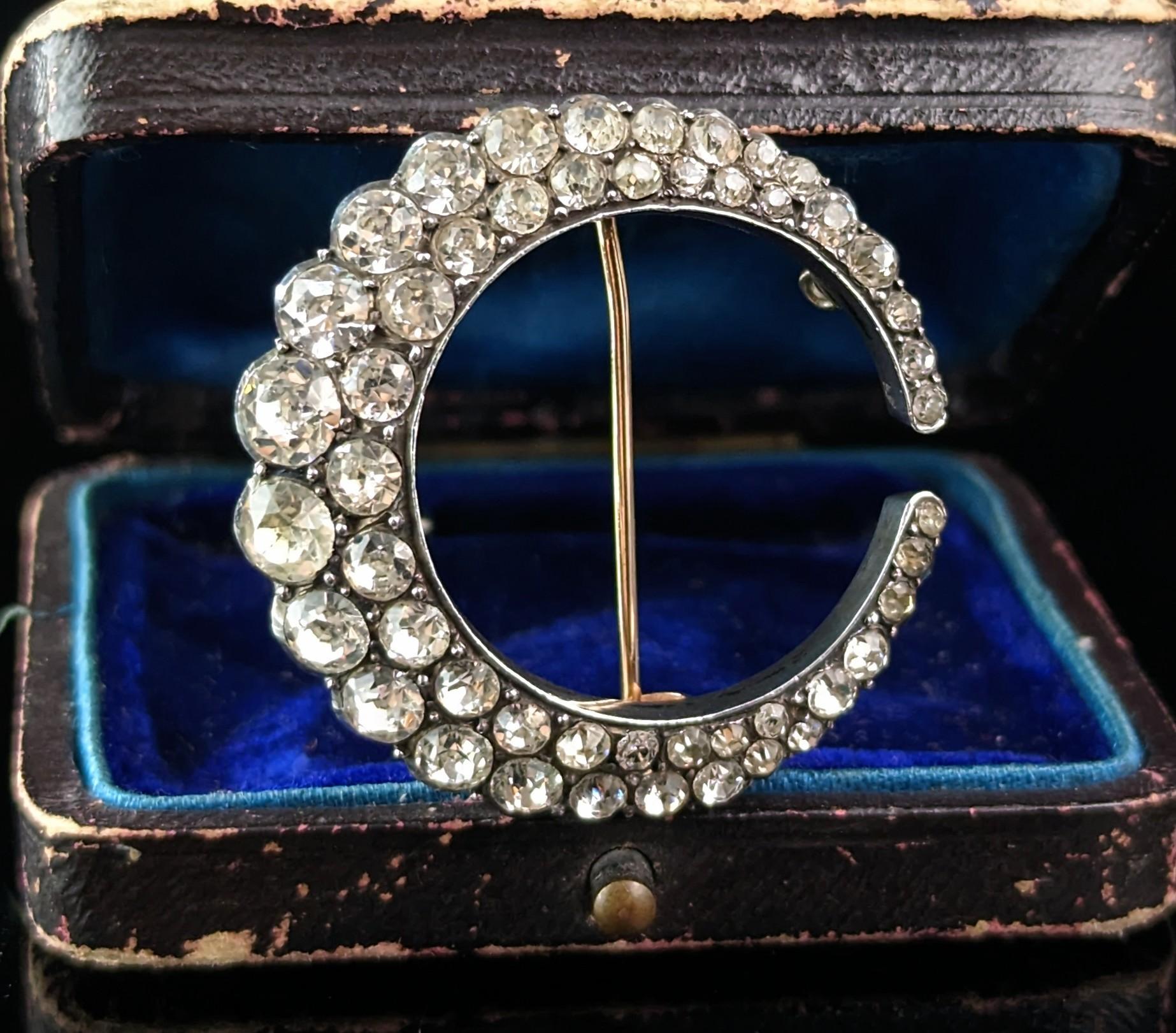 Antique Paste Crescent moon brooch, 9k gold and silver, Victorian  2