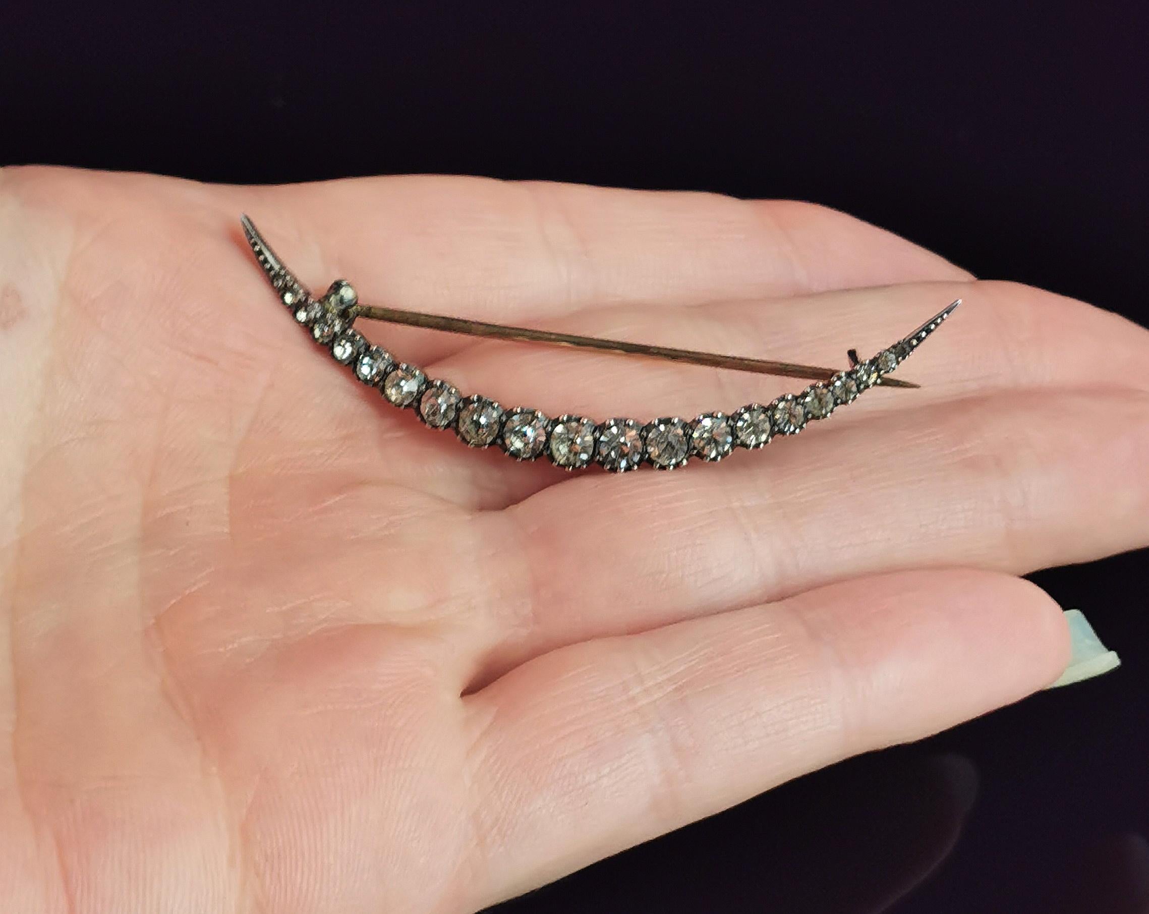 Antique paste Crescent Moon brooch, Fine silver  6
