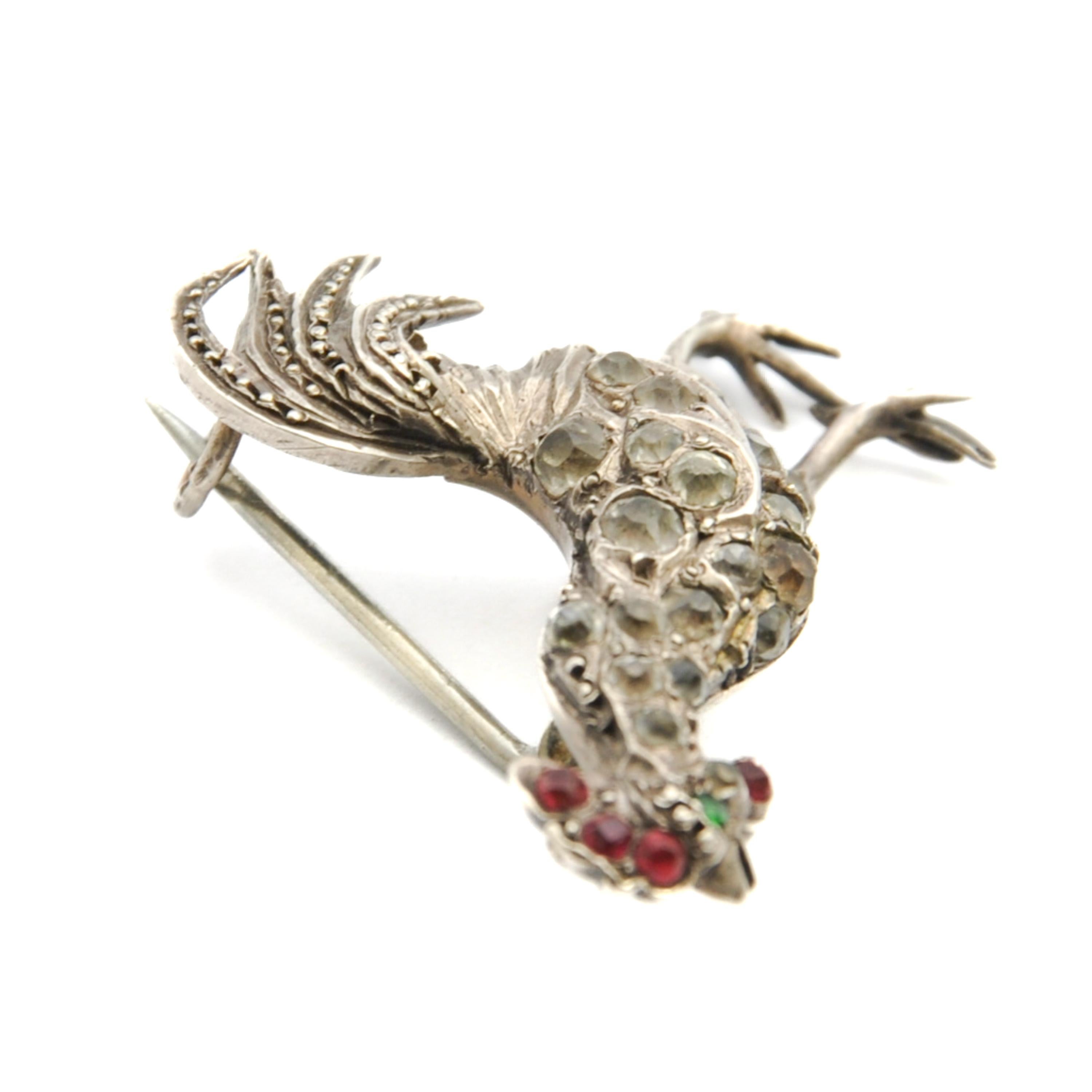 Antique Paste Glass Stone Rooster Hen Silver Pin Brooch In Good Condition For Sale In Rotterdam, NL