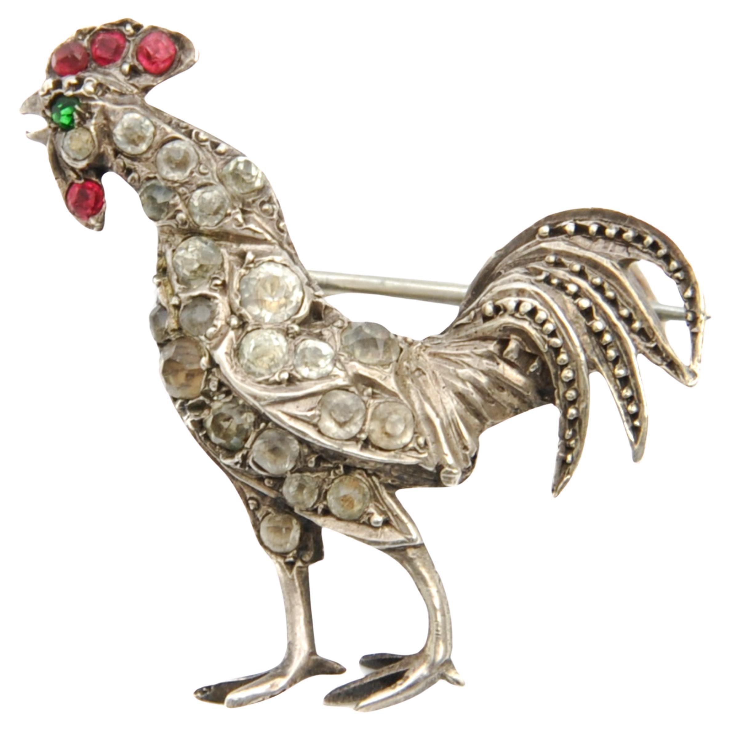 Antique Paste Glass Stone Rooster Hen Silver Pin Brooch For Sale