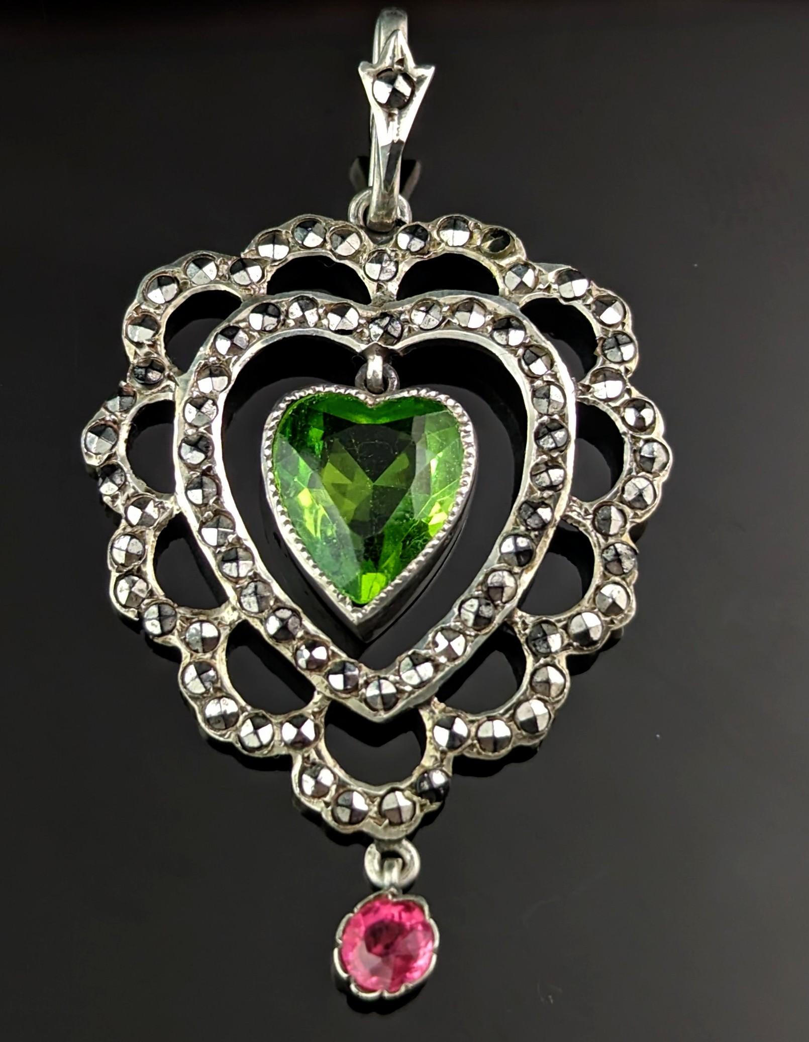 Antique Paste heart dropper pendant, 800 silver  For Sale 5