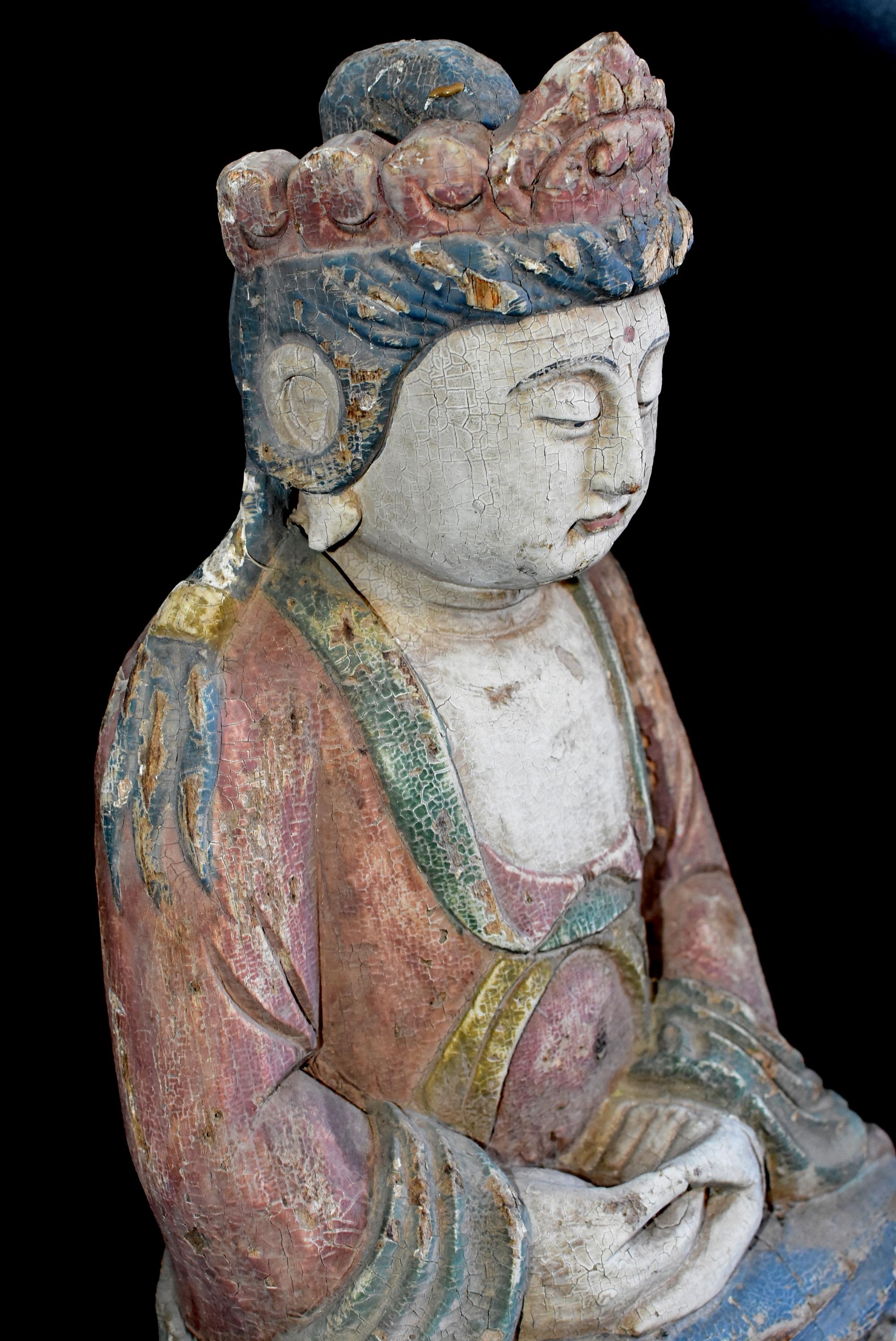 Antique Pastel Colored Wooden Kwan Yin Bodhisattva 7