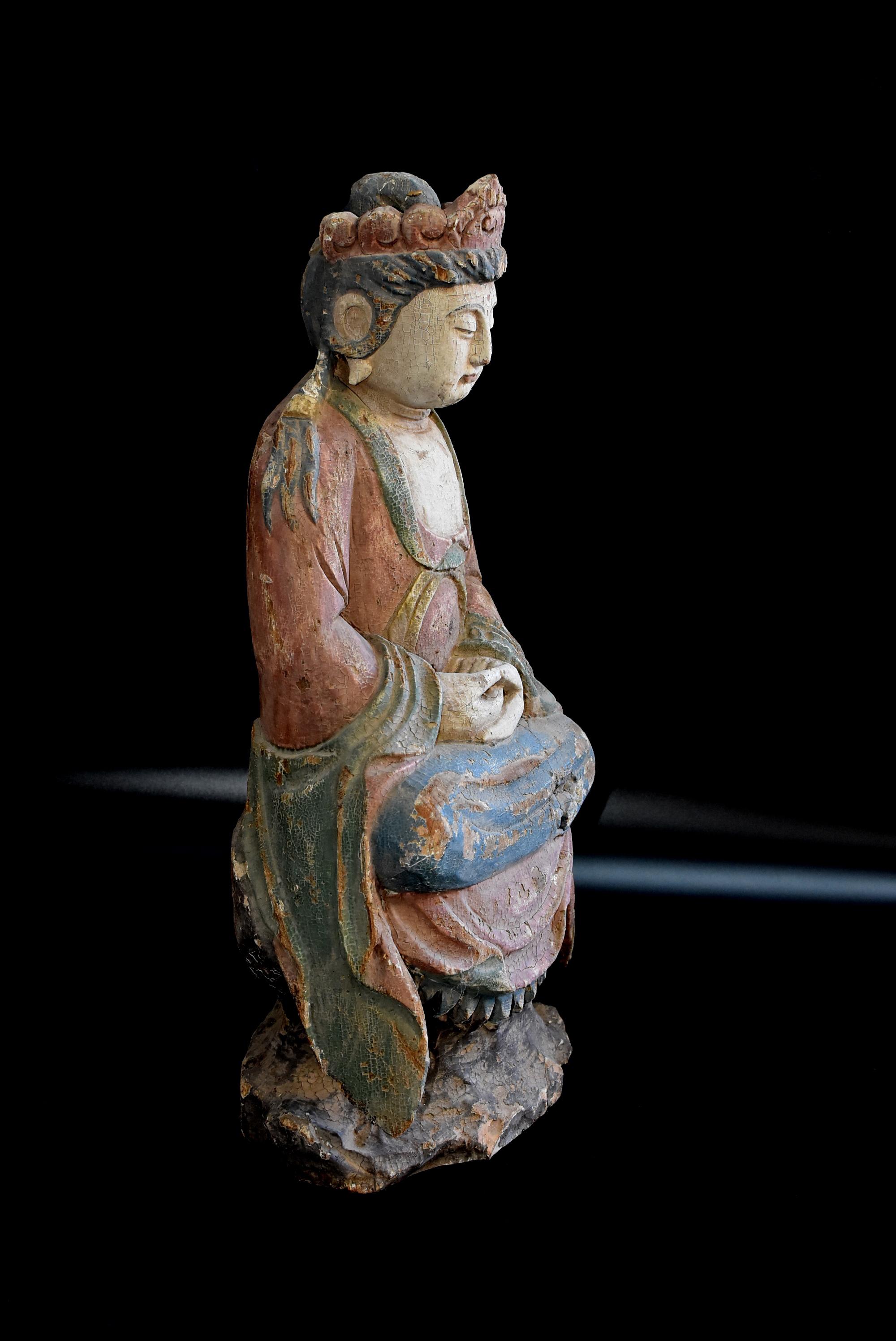 Antique Pastel Colored Wooden Kwan Yin Bodhisattva 8