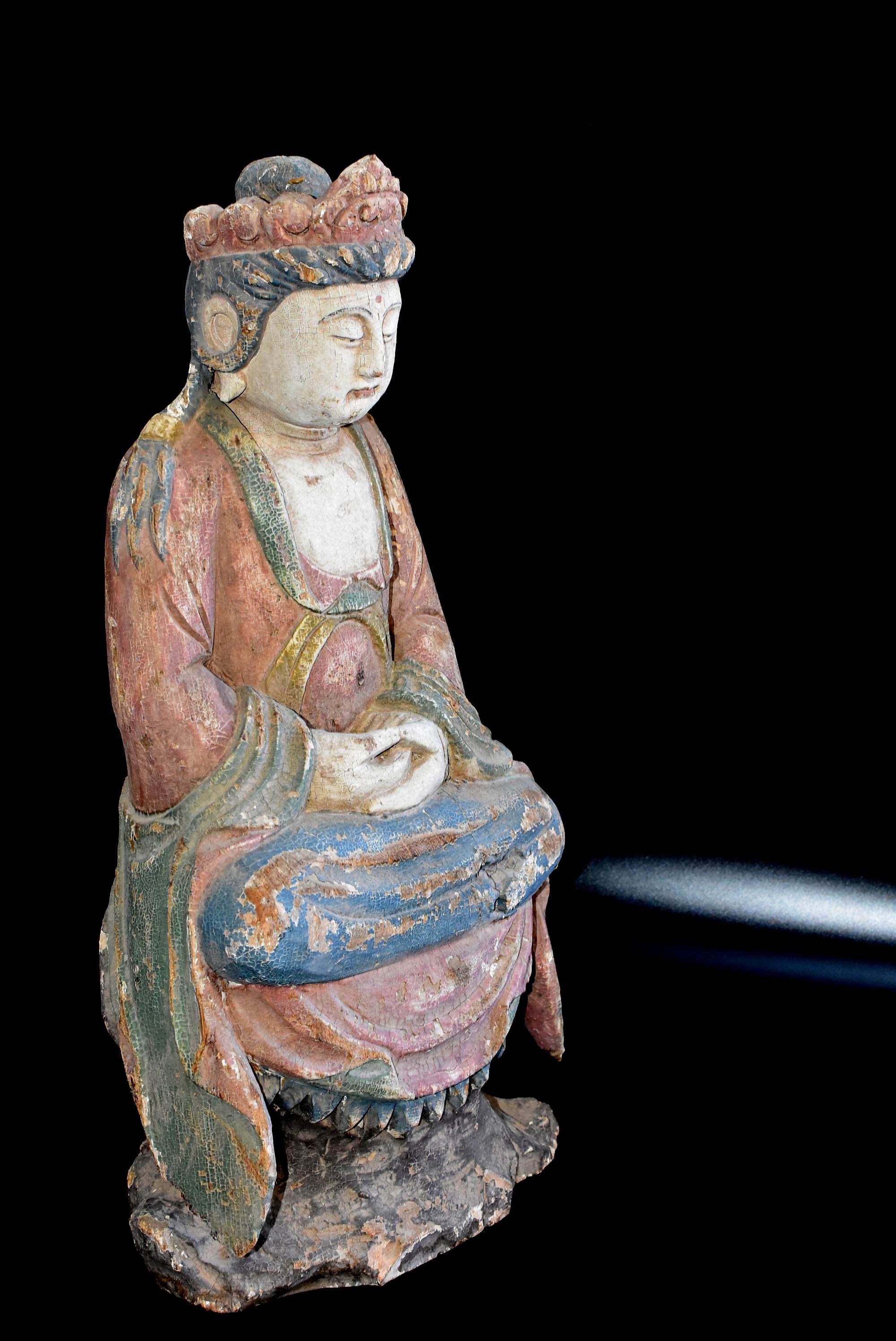 Antique Pastel Colored Wooden Kwan Yin Bodhisattva 9