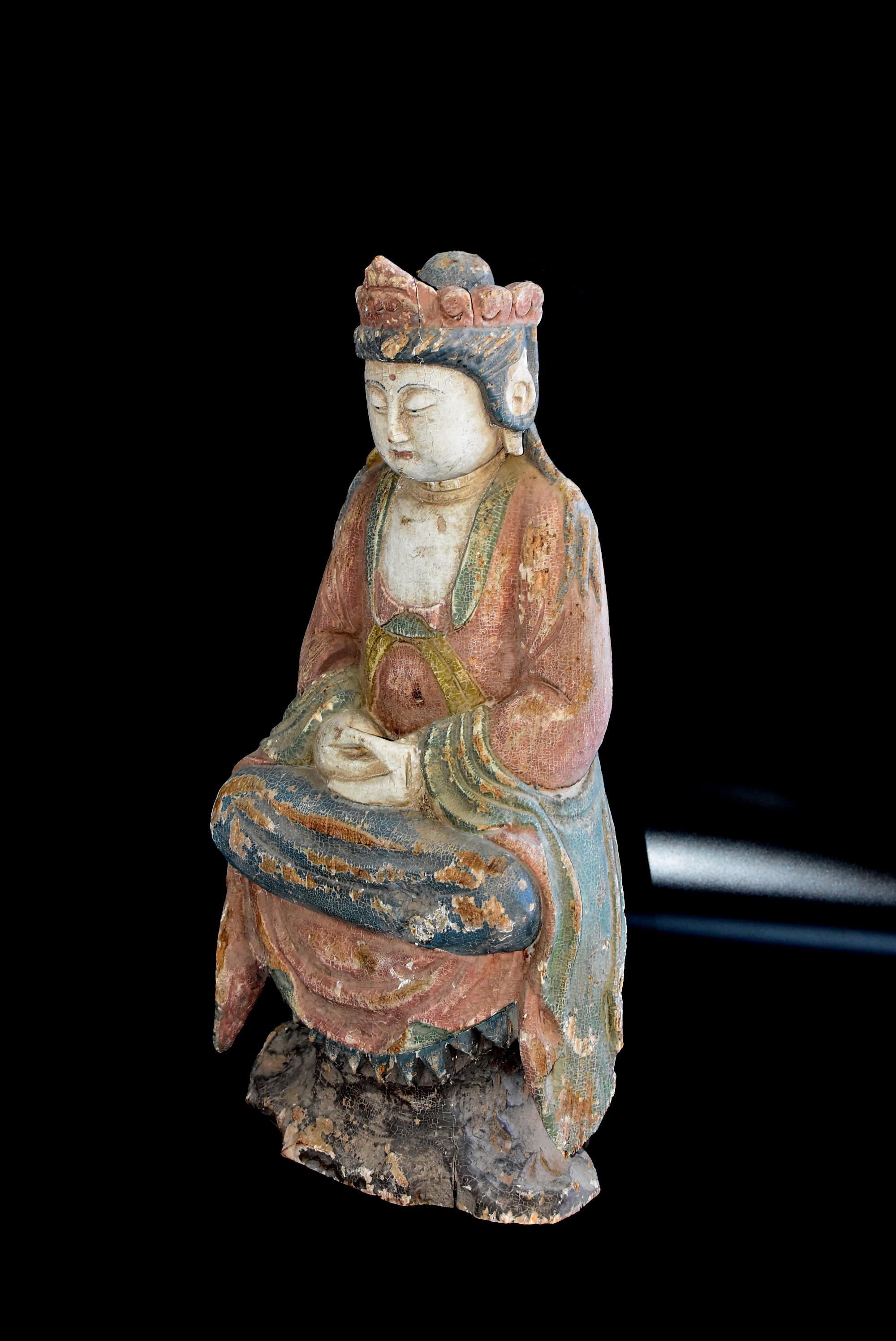 Antique Pastel Colored Wooden Kwan Yin Bodhisattva 10