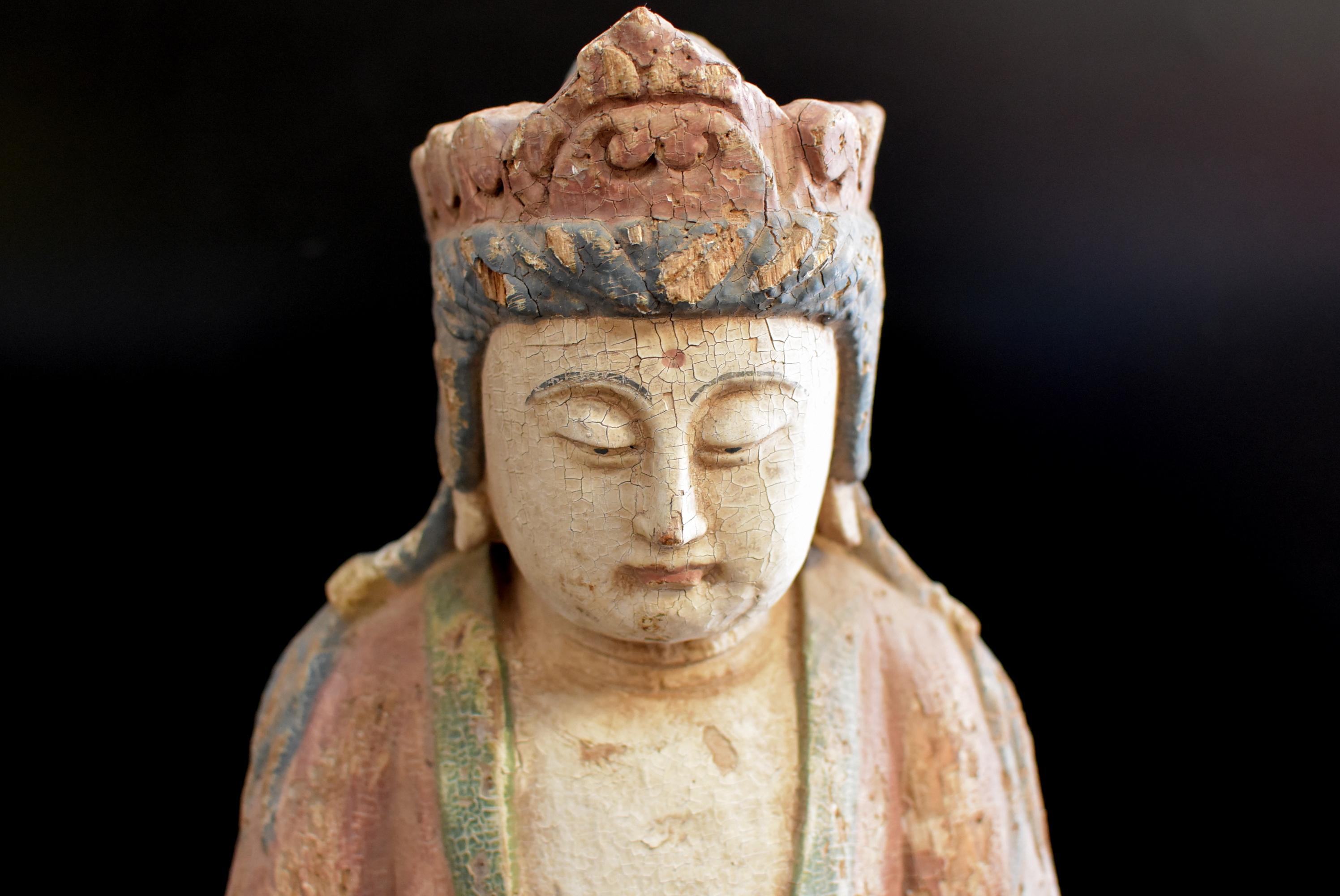 Chinese Antique Pastel Colored Wooden Kwan Yin Bodhisattva