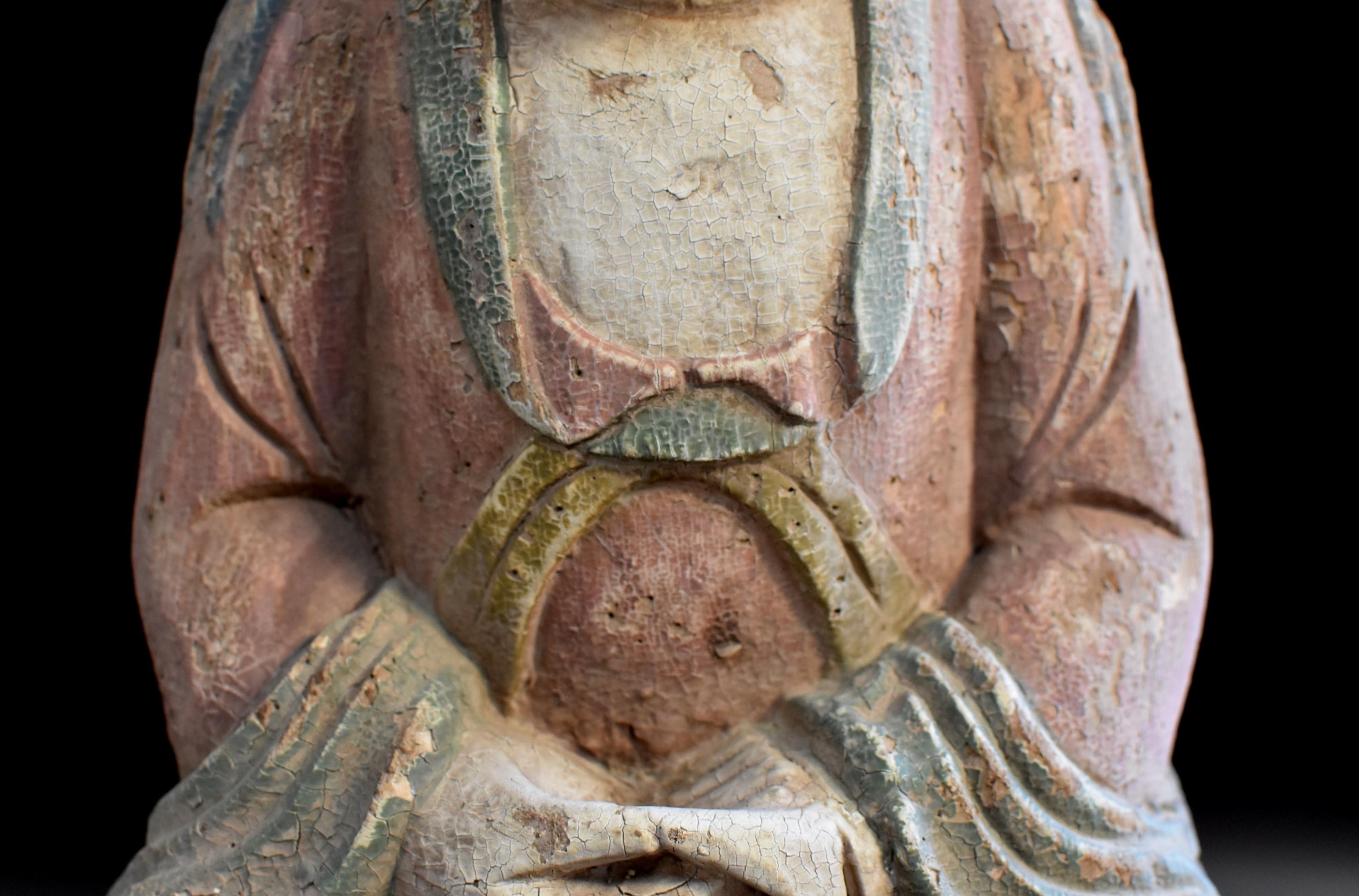 Antique Pastel Colored Wooden Kwan Yin Bodhisattva In Good Condition In Somis, CA
