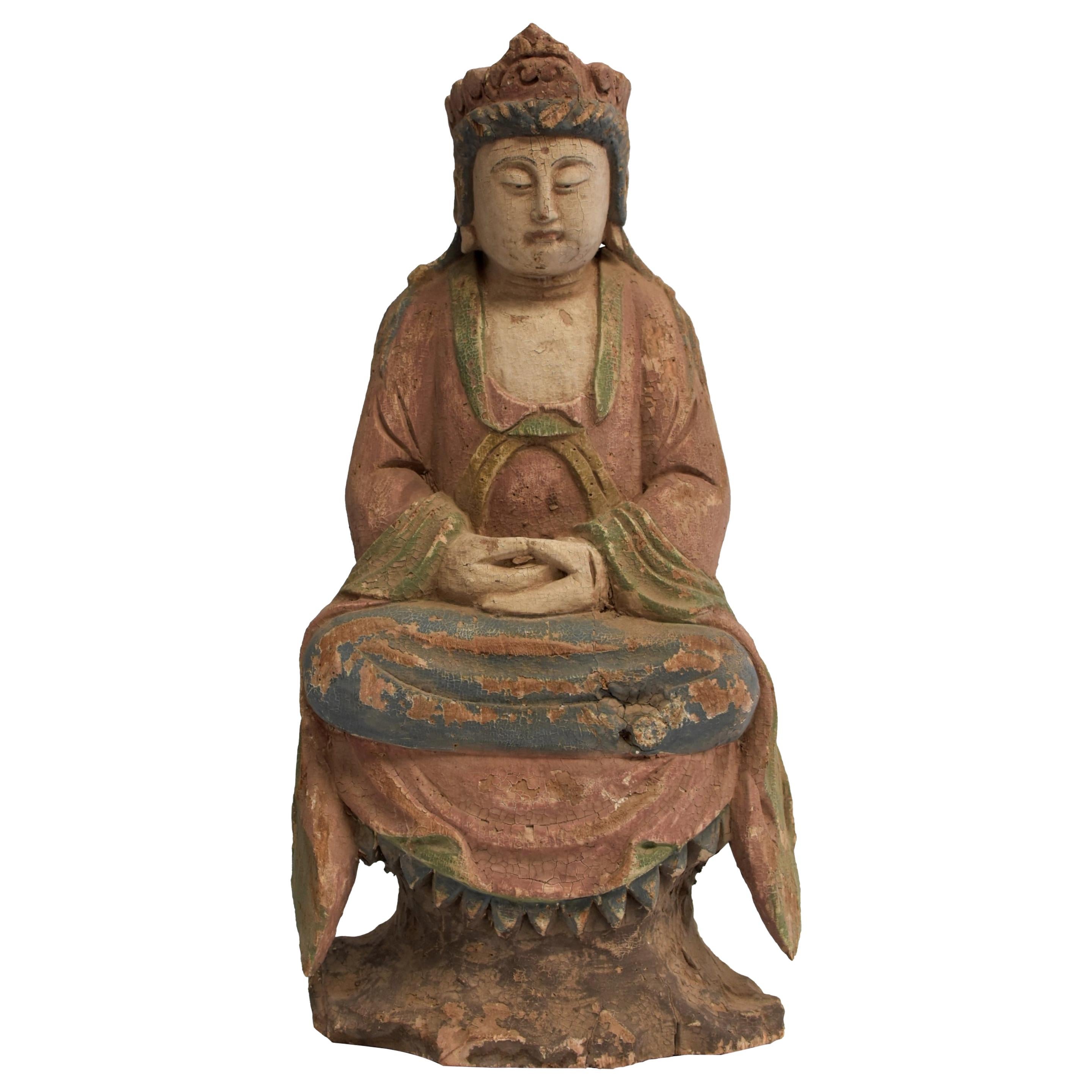 Antique Pastel Colored Wooden Kwan Yin Bodhisattva