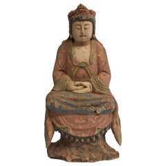 Antique Pastel Colored Wooden Kwan Yin Bodhisattva