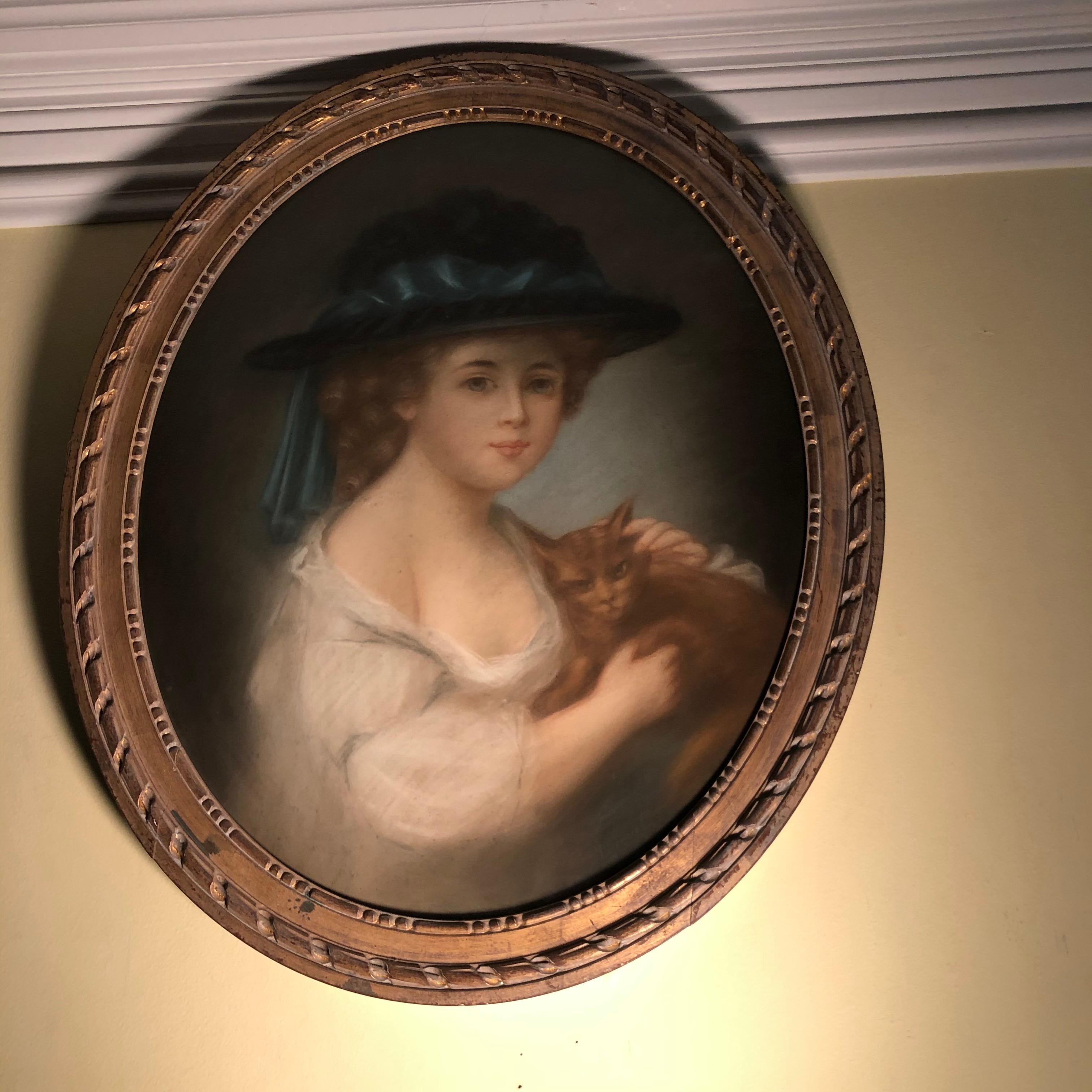 Other Antique Pastel Painting of Young Girl with Hat Holding Her Cat Signed Drouet For Sale